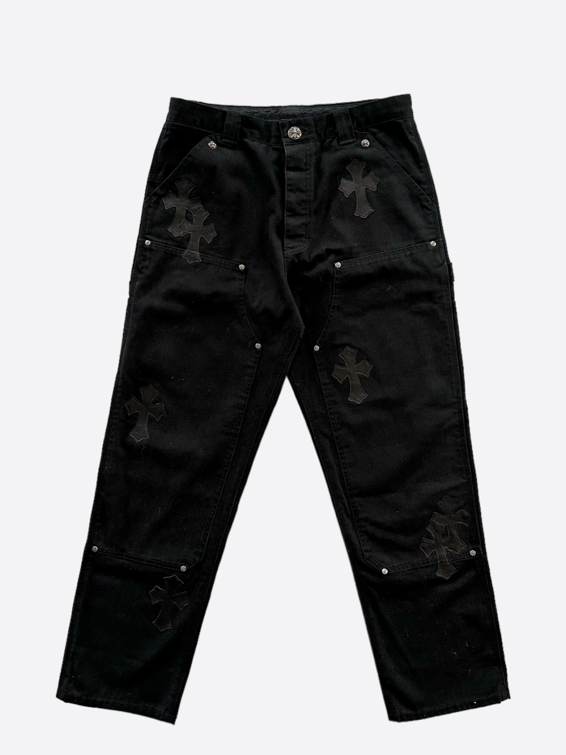 Chrome Hearts Black Leather Cross Patch Carpenter Jeans - Unique Designer Denim for Men & Women | Perfect for Streetwear, Casual Outfits & Fashion Statements