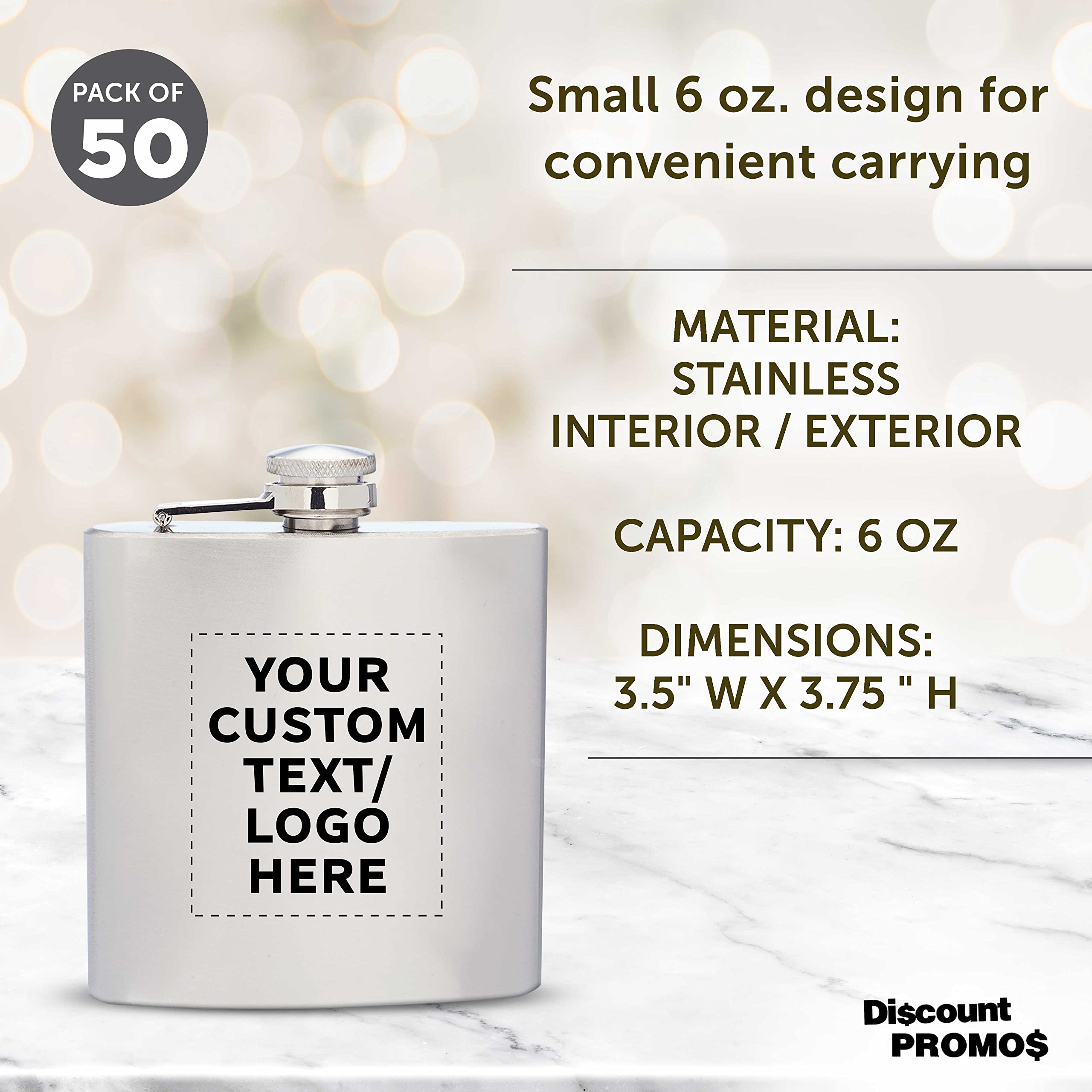 Personalized Stainless Steel Hip Flasks 6 oz (Set of 50) - Custom Engraved Wedding Party Gifts, Groomsmen Gifts & Outdoor Accessories - Screw Top Cap, Durable Silver Flasks for Camping, Hiking, Travel & Special Occasions