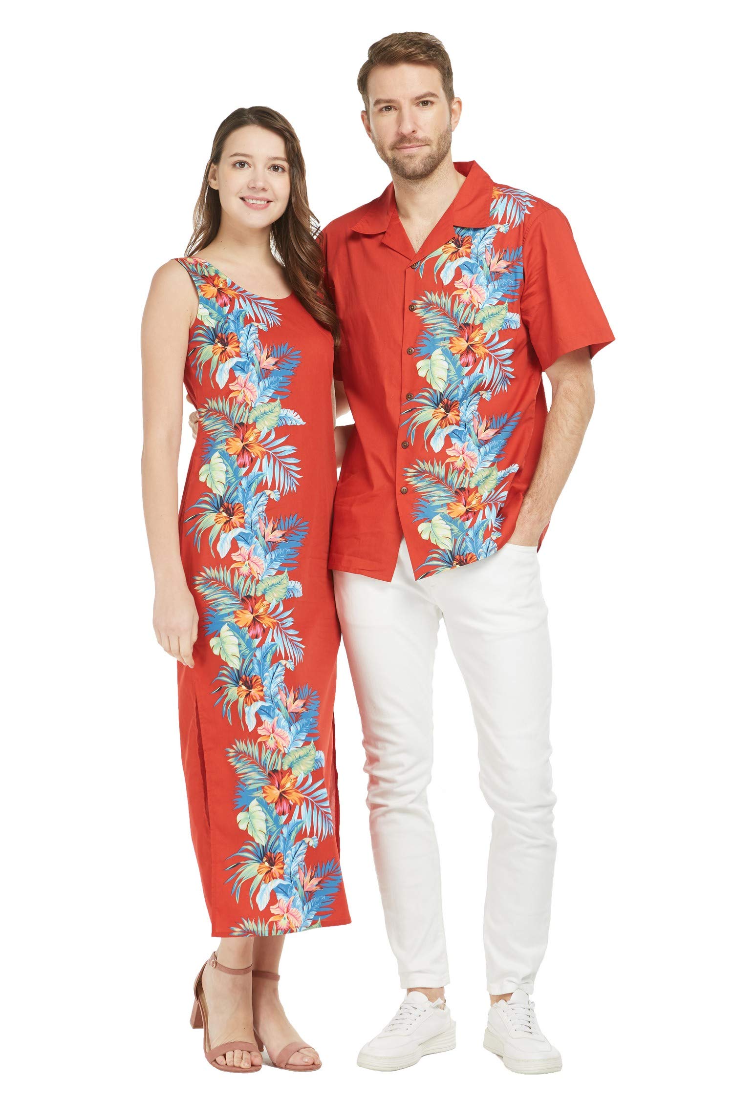 Hawaiian Couple Matching Luau Aloha Shirt & Maxi Tank Dress Set - Orchid Paradise Navy Print - Tropical Beach Vacation Outfits for Summer, Honeymoon, and Hawaiian Theme Parties