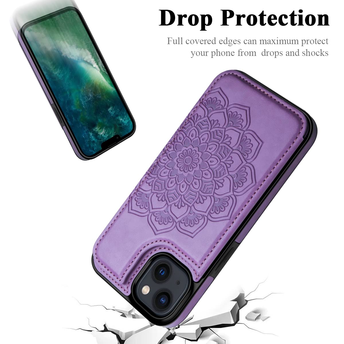 MMHUO Magnetic Flip Wallet Case for iPhone 14 with Card Holder - Flower Design Protective Phone Cover for Women (Purple) | Perfect for Everyday Use, Travel & Hands-Free Convenience