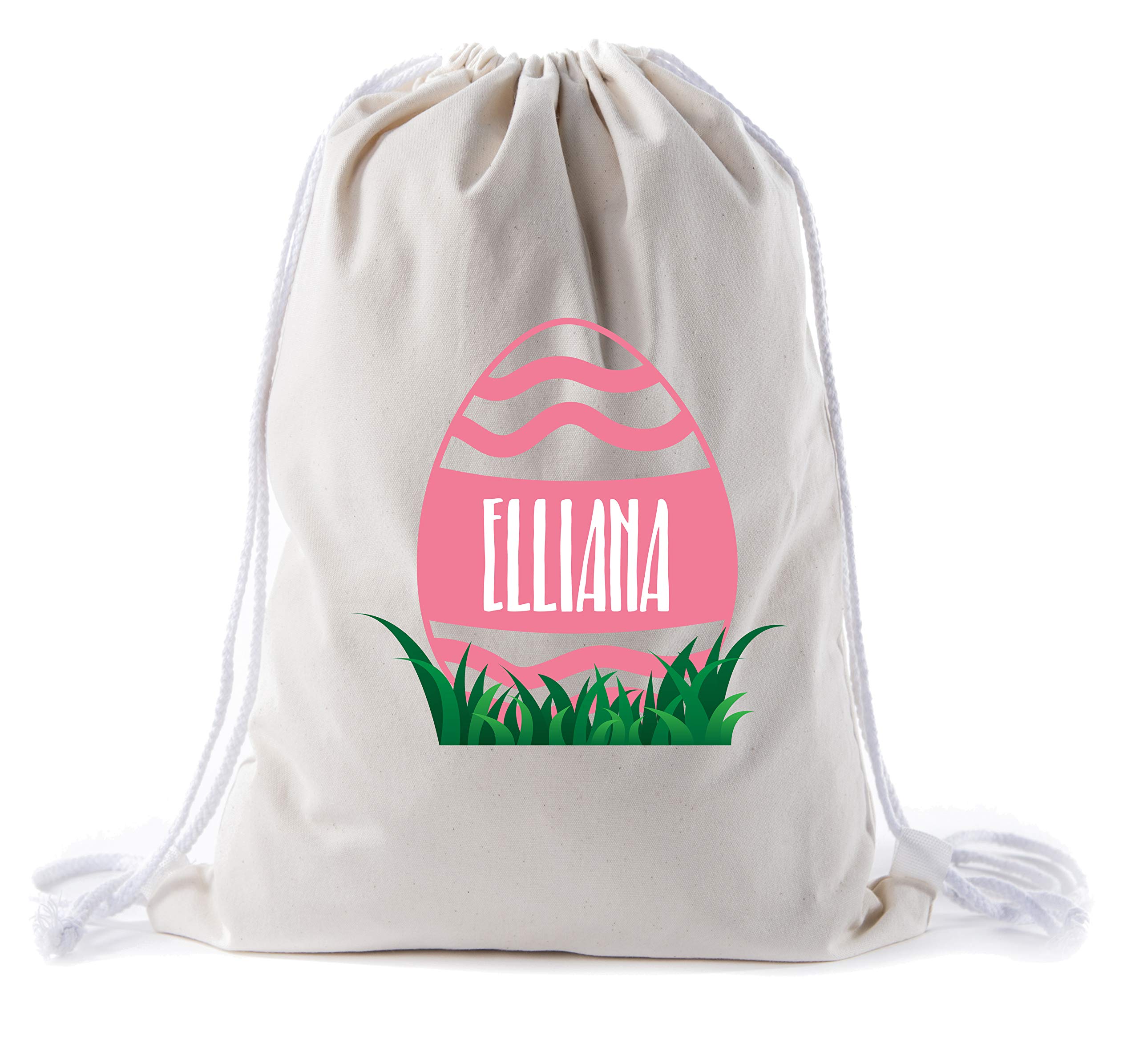 Personalized Easter Basket Bags - Custom Cotton Drawstring Backpacks with Wavy Lines Egg Design for Kids Easter Gifts (Natural Color) - Perfect for Easter Egg Hunts, School Parties & Spring Celebrations