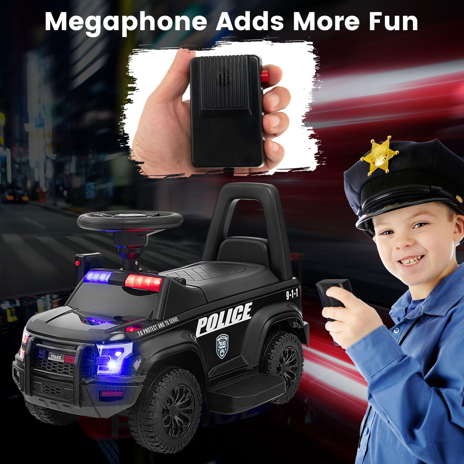 GOLUS 6V Kids Electric Police Car Toy with Megaphone, Siren, LED Lights & Music - Ride-On Toy Vehicle for Boys & Girls Ages 3-6 - Perfect for Outdoor Play, Birthday Gifts & Pretend Police Adventures