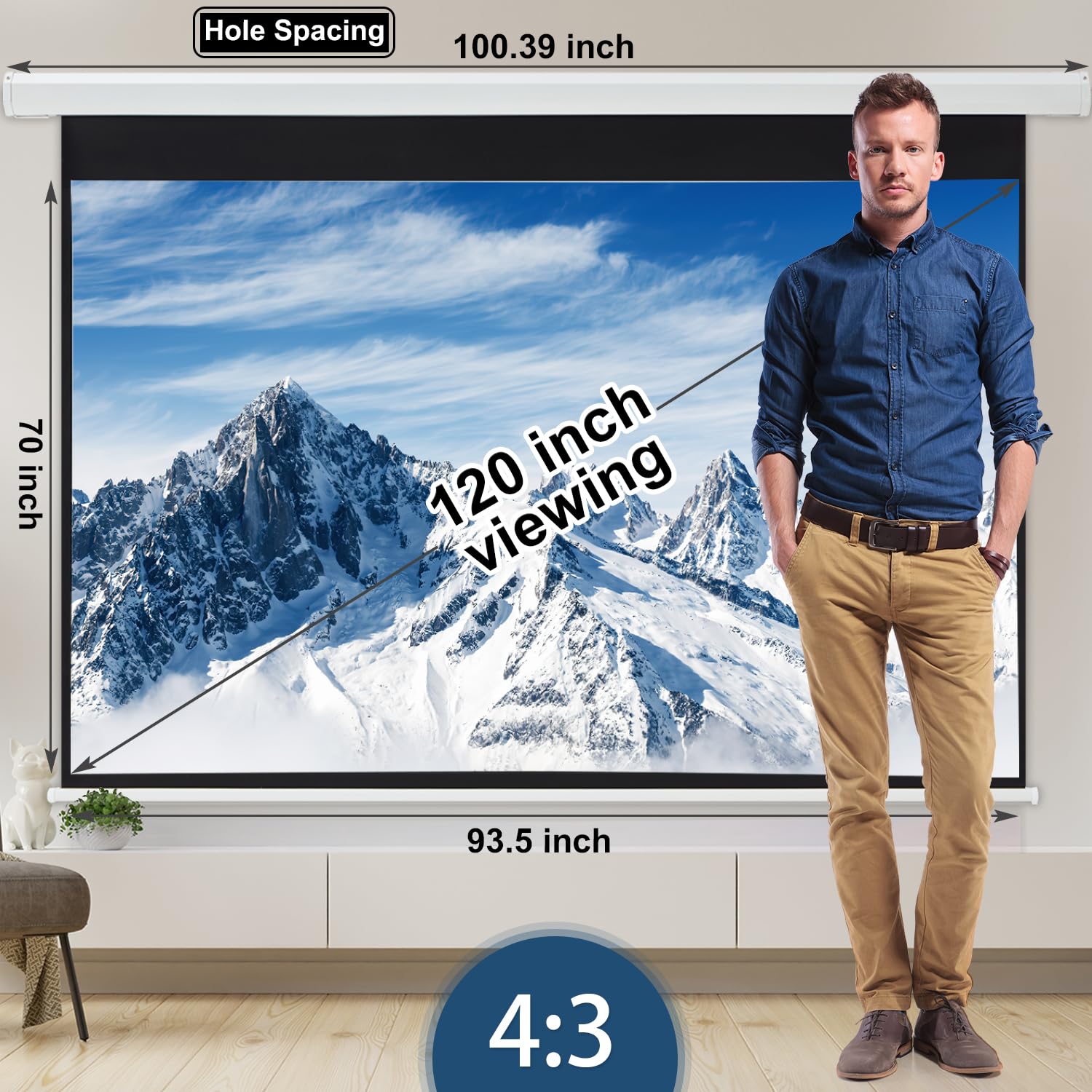 120 Inch Motorized Projector Screen - 4:3 HD Retractable Electric Projection Screen for 4K/3D Movies - Wall Mount & Ceiling Installation with Remote Control - Perfect for Indoor & Outdoor Home Theater, Classroom Presentations, and Backyard Movie Nights