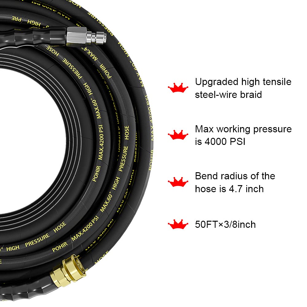POHIR 125FT High Pressure Washer Hose with Quick Connector - for 4200 PSI Pressure Washers, Car & Home Cleaning