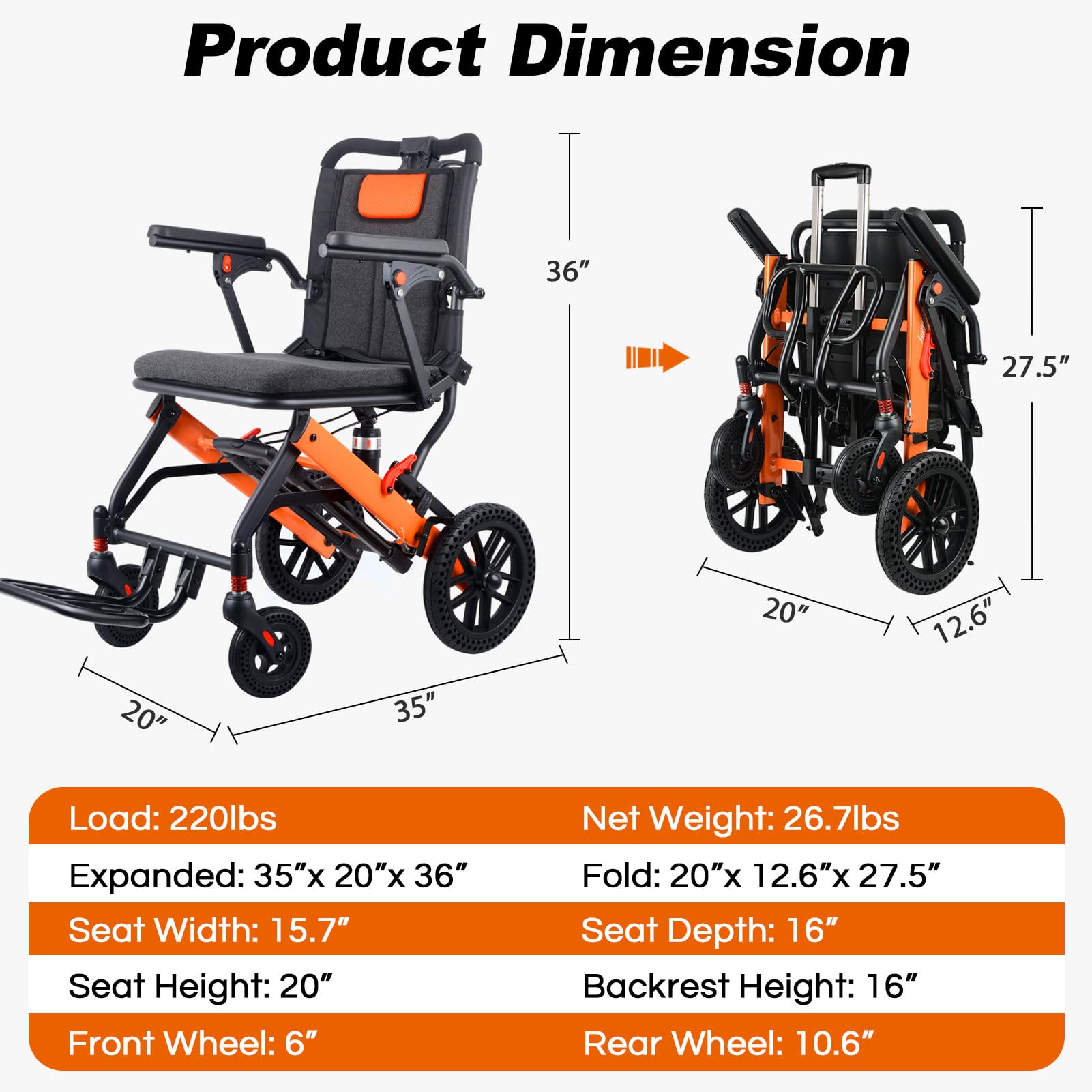 Upgraded Lightweight Transport Wheelchair for Adults with Telescopic Handle, Safety Belt & 2 Storage Bags - Ideal for Travel, Hospital Visits & Elderly Care