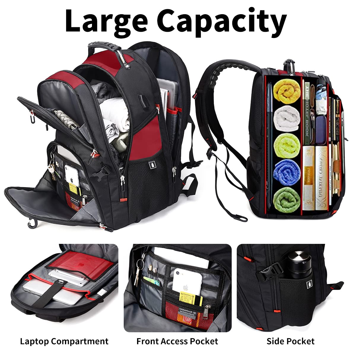 SHRRADOO 50L Extra Large Travel Laptop Backpack with USB Charging Port - Airline Approved Business Backpack for Men & Women - Fits 17 Inch Laptops - Perfect for College, High School, Work & Commuting - Red