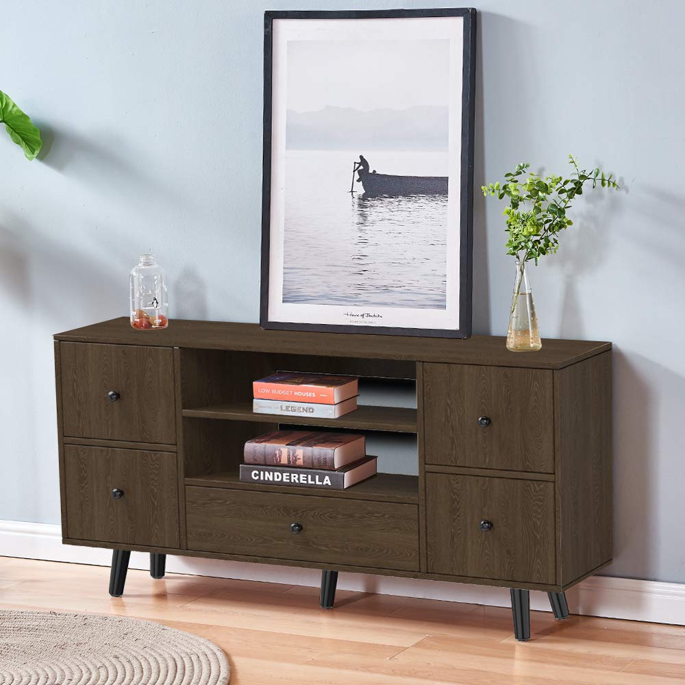 4HOMART YVONNE&F.L.A.M. Modern TV Stand with 5 Drawers - White Wooden TV Cabinet for Flat Screen TVs Up to 65