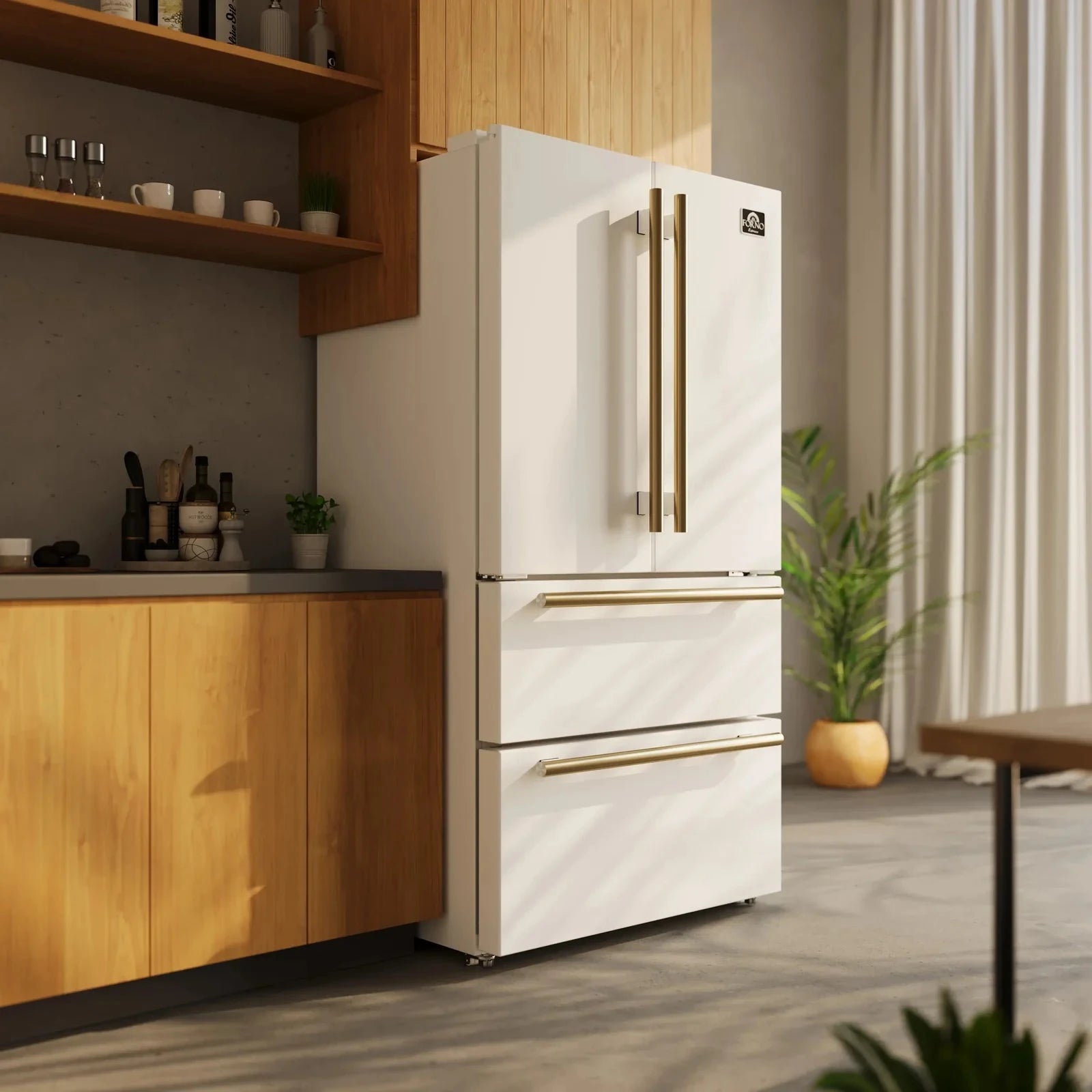 Forno Espresso Moena 36 Inch French Door Refrigerator - 18.2 cu.ft Stainless Steel Smart Fridge with Antique Brass Handles, Energy Star Certified - Perfect for Modern Kitchens & Open-Concept Living Spaces