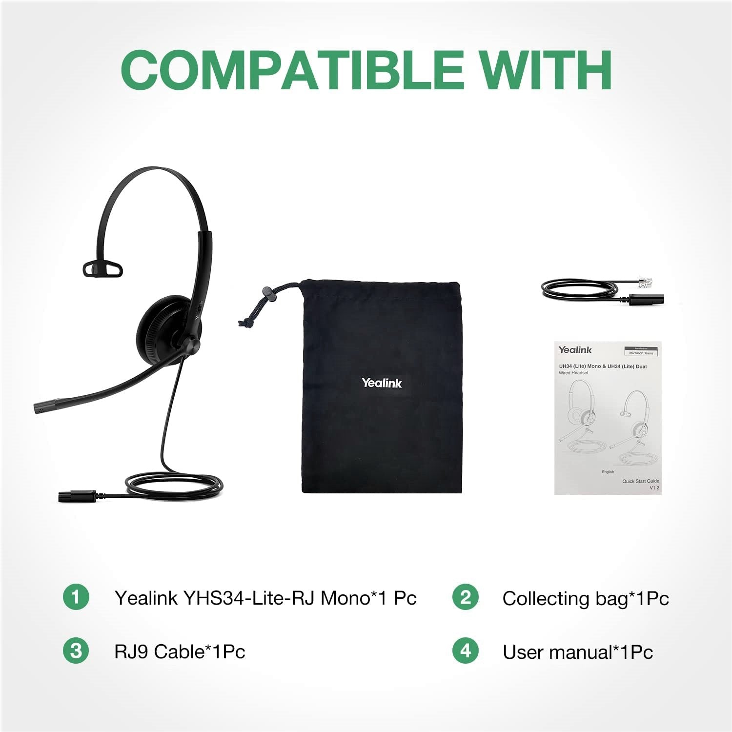 Yealink YHS34 & YHS34 Lite Professional Wideband Headset with Noise Cancellation - Dual & Mono Options for Clear Calls - Perfect for Office, Call Center & Remote Work
