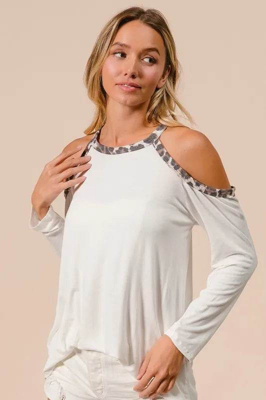 Stylish BiBi Jersey Knit Cold Shoulder Top with Leopard Print Neckline - Trendy Women's Fashion for Casual Outings & Date Nights