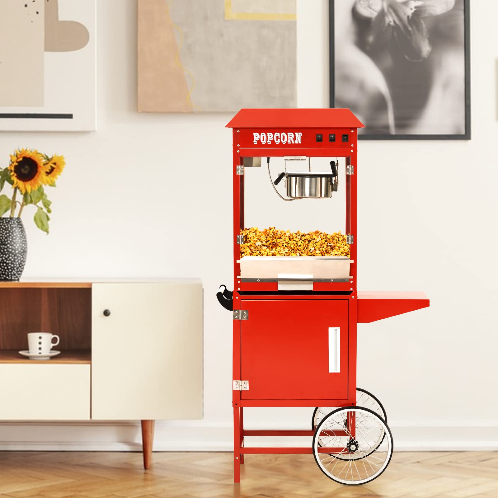 Commercial Popcorn Machine with Cart & 10 Oz Kettle - Makes 64 Cups, 3-Switch Control, Theater Style Popper for Movie Nights, Parties & Concessions