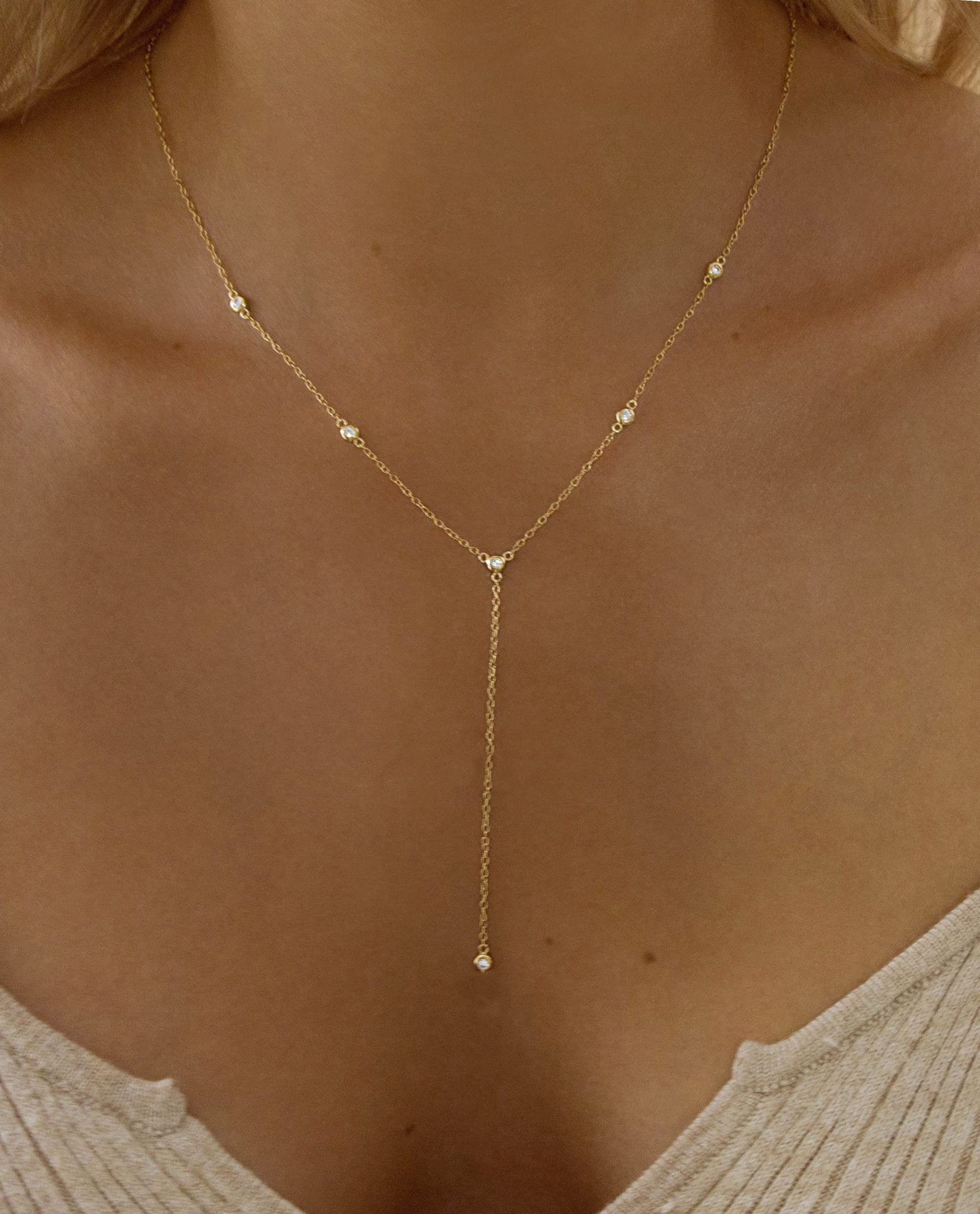 Elegant 14K Gold Plated Lariat Necklace for Women - Dainty Layered Beaded Bar CZ Drop Y-Choker | Perfect for Date Nights, Office Wear & Special Occasions | Trendy Gold Jewelry Gift for Her