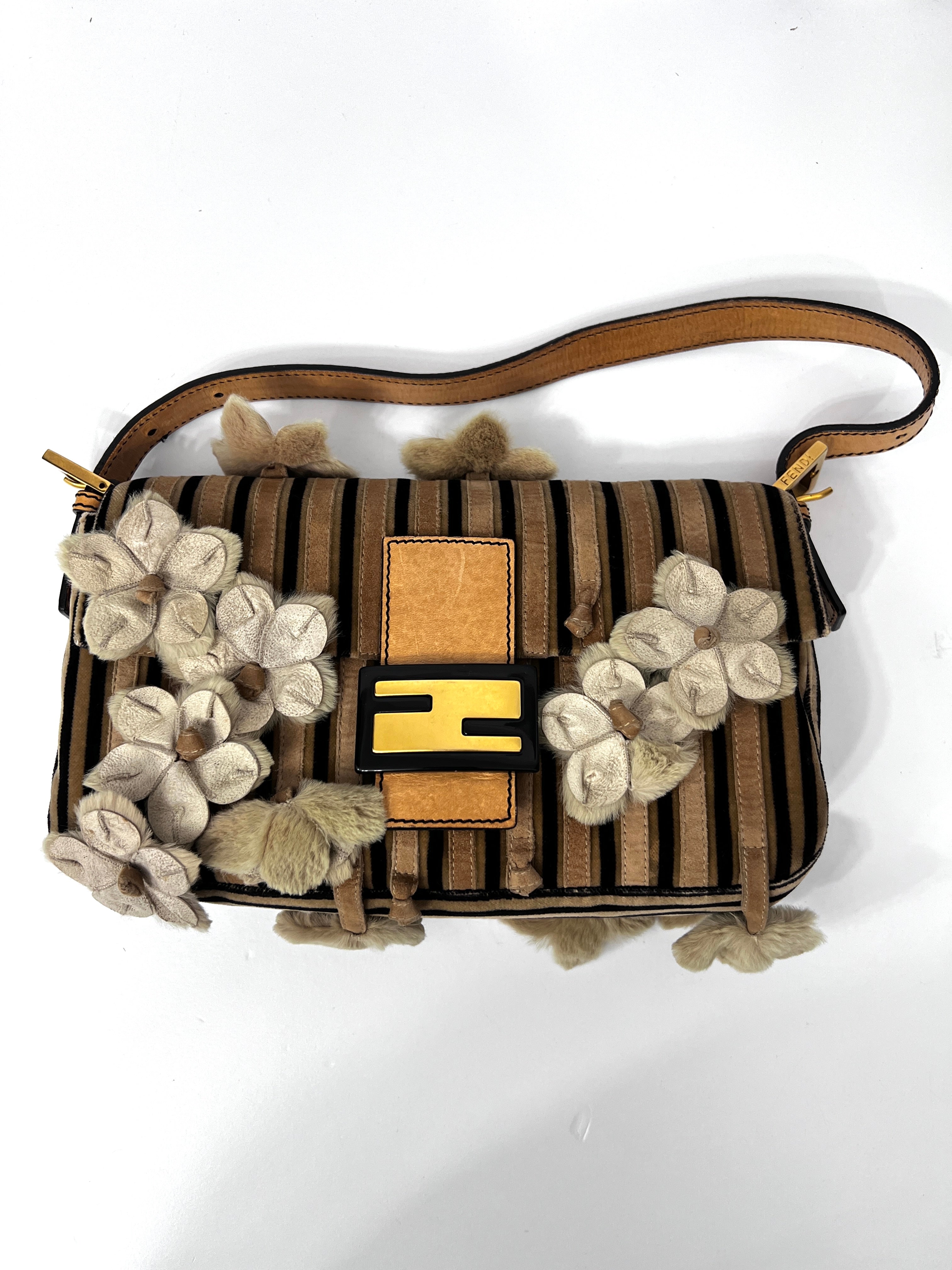 Fendi Velvet 3D Flowers Strip Baguette Bag - Luxury Designer Crossbody Purse for Women, Perfect for Parties, Weddings & Evening Events
