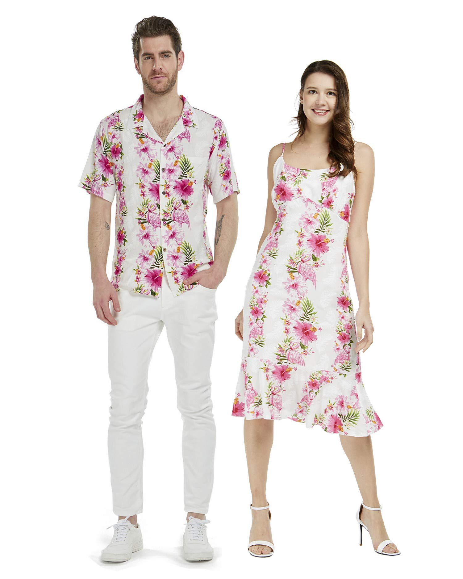 Matching Couple Hawaiian Luau Shirts & Mermaid Dress Set - Midnight Bloom Floral Print - Perfect for Beach Vacations, Tropical Parties, and Summer Date Nights