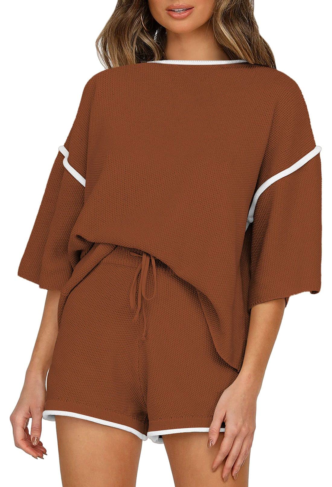 TOLENY Women's 2-Piece Waffle Knit Tracksuit Set - Soft Pullover Top & Comfortable Shorts Pajamas for Lounge, Sleep & Home Relaxation