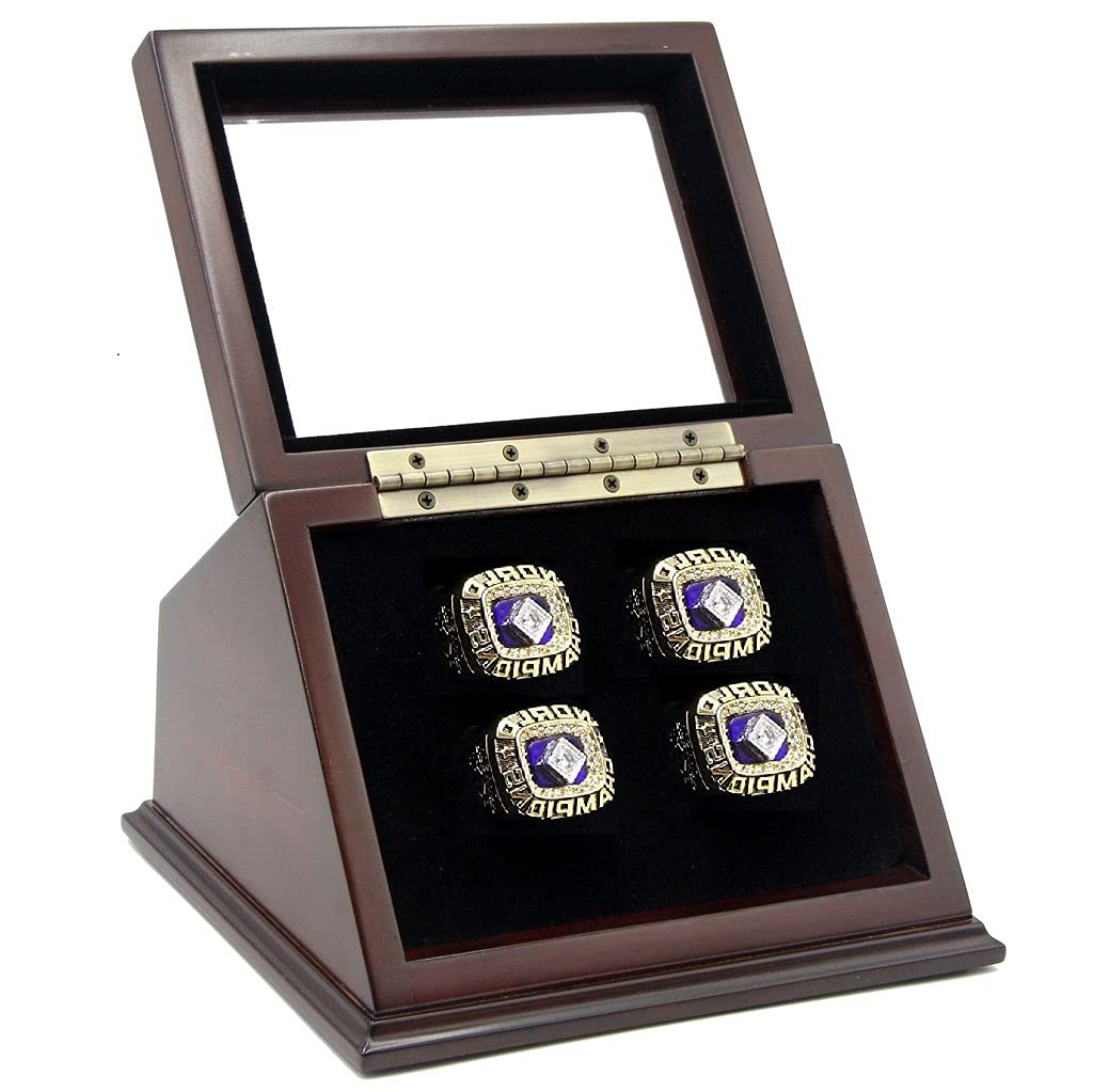 4 Slots Championship Rings Wooden Display Case with Slanted Glass Window - Football, Basketball, Hockey Sports Trophy Shadow Box for Collectors & Fans (Rings Not Included) - Perfect for Showcasing Memorabilia in Home, Office or Sports Bar