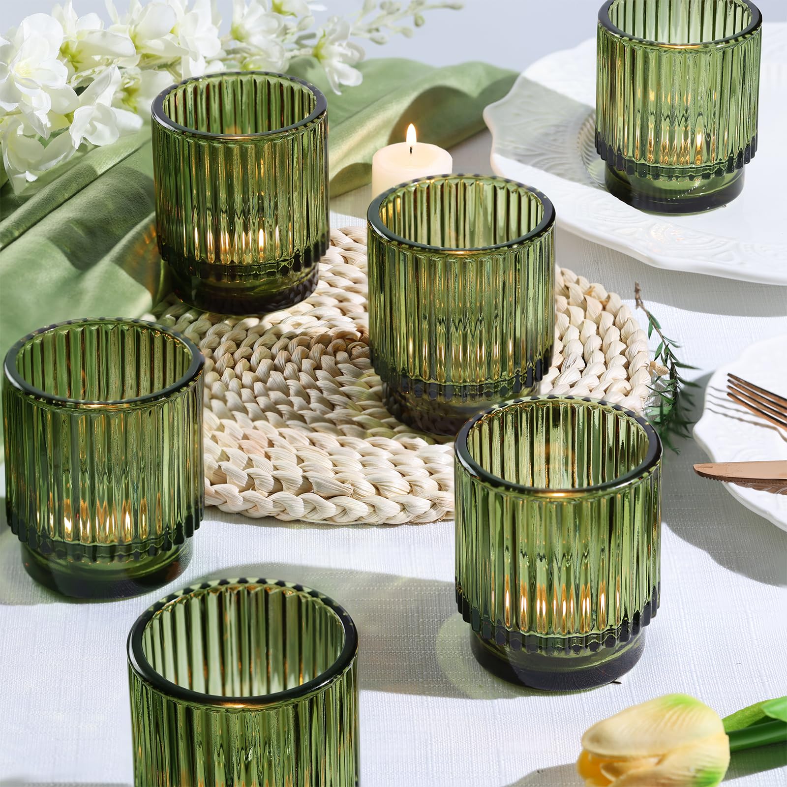 8-Piece Large Green Glass Votive Candle Holders - Wedding Centerpiece Decor, Boho Tea Light Candle Holders for Bridal Shower, Easter Table Decor, Party & Home Decoration - Perfect for Wedding Receptions, Dinner Parties, and Holiday Tablescapes