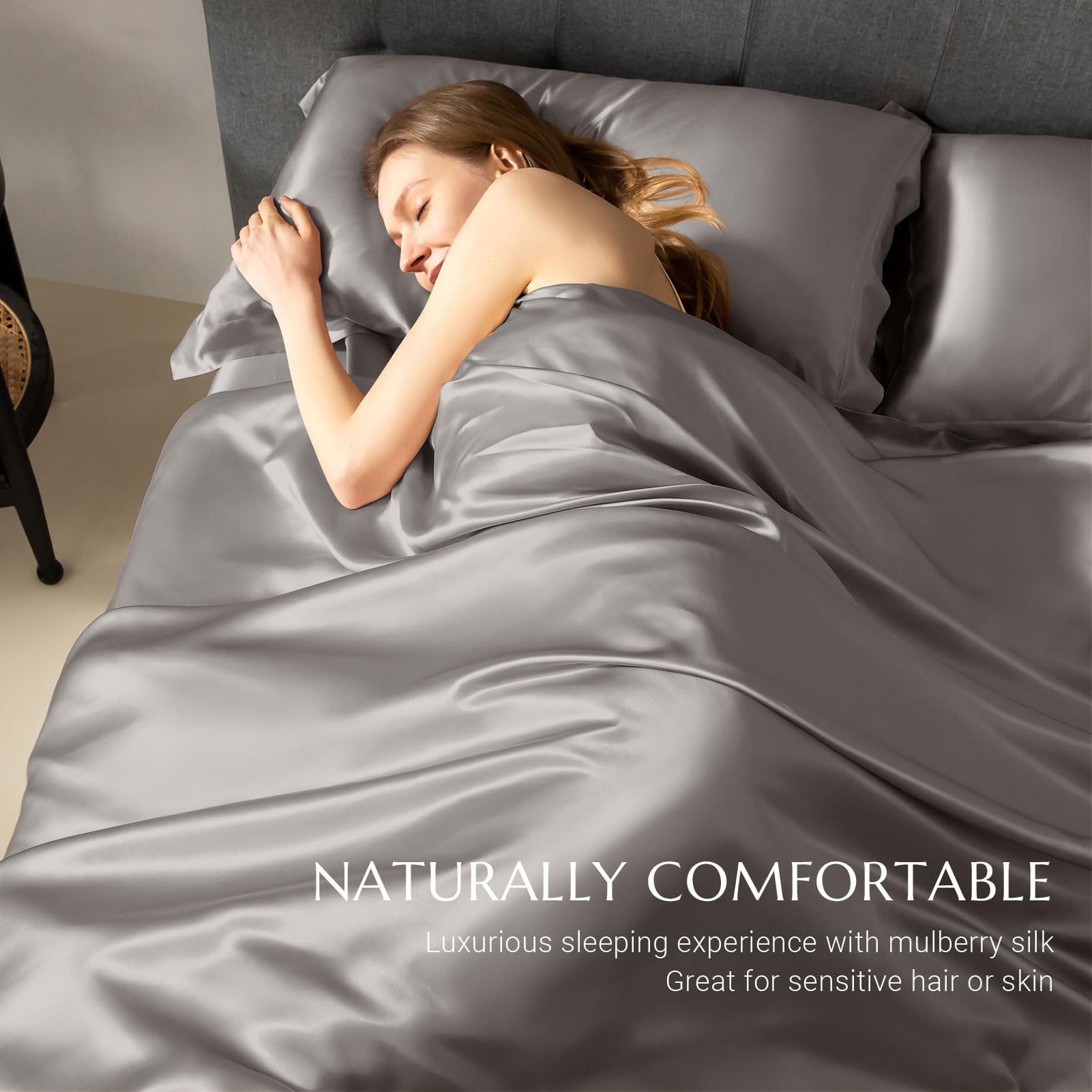 THXSILK 100% 7A+ Mulberry Silk Duvet Cover - Seamless, Breathable, Easy Care with Zipper Closure (Twin Size, Grey) | Luxury Bedding for Better Sleep & Skin Care
