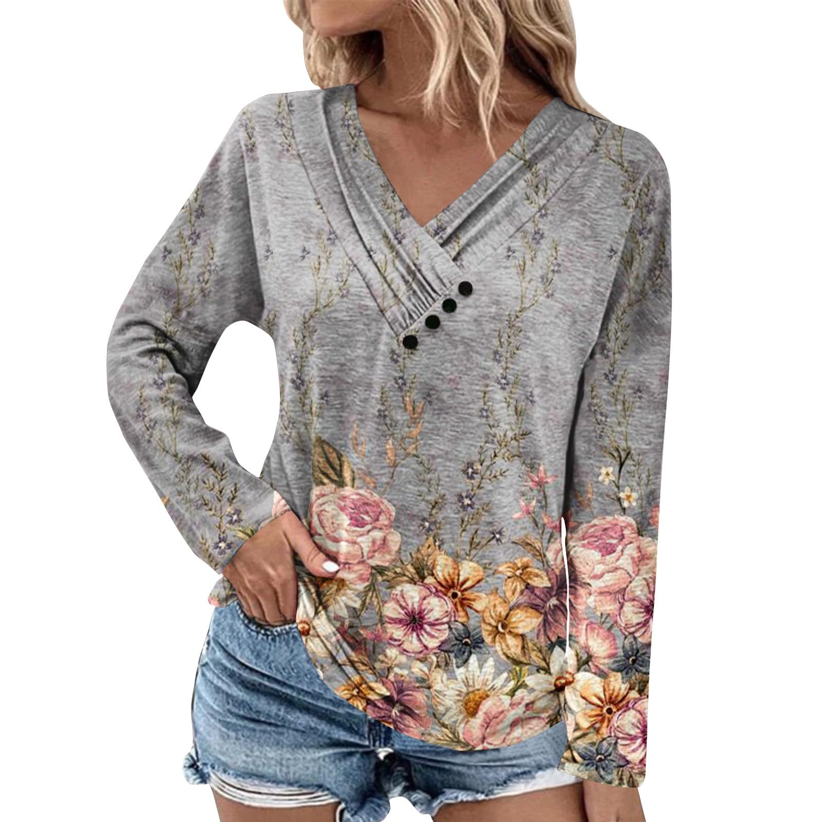 Women's Black V-Neck T-Shirt - Soft Cotton Long Sleeve Sweatshirt for Summer & Winter - Casual & Layering Tops for Everyday Wear, Workout & Lounge