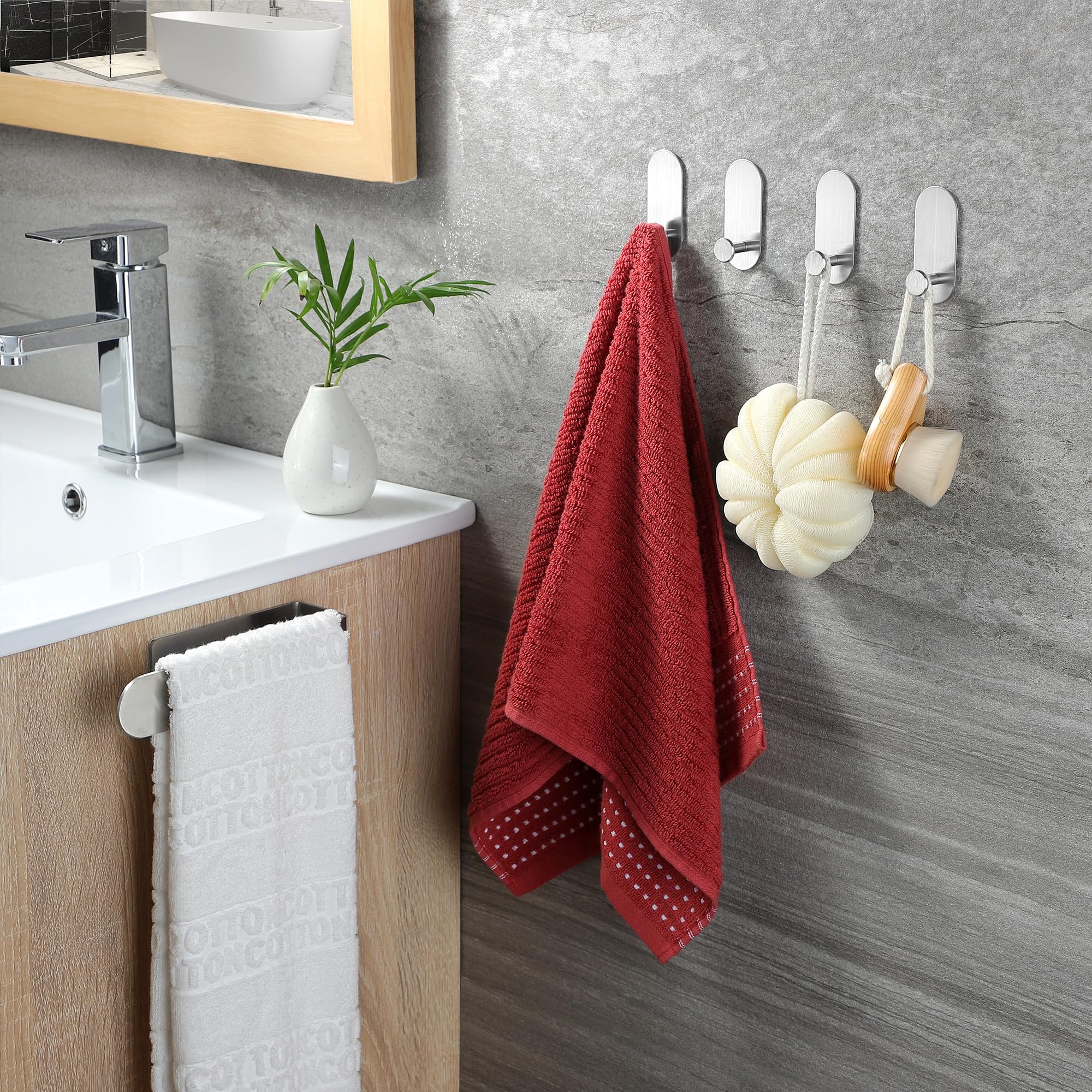Taozun 4 Pack Self Adhesive Towel Rail - No Drill Stainless Steel Hand Towel Holder for Bathroom & Kitchen, SUS 304 Silver - Perfect for Small Spaces, Apartments, and RVs