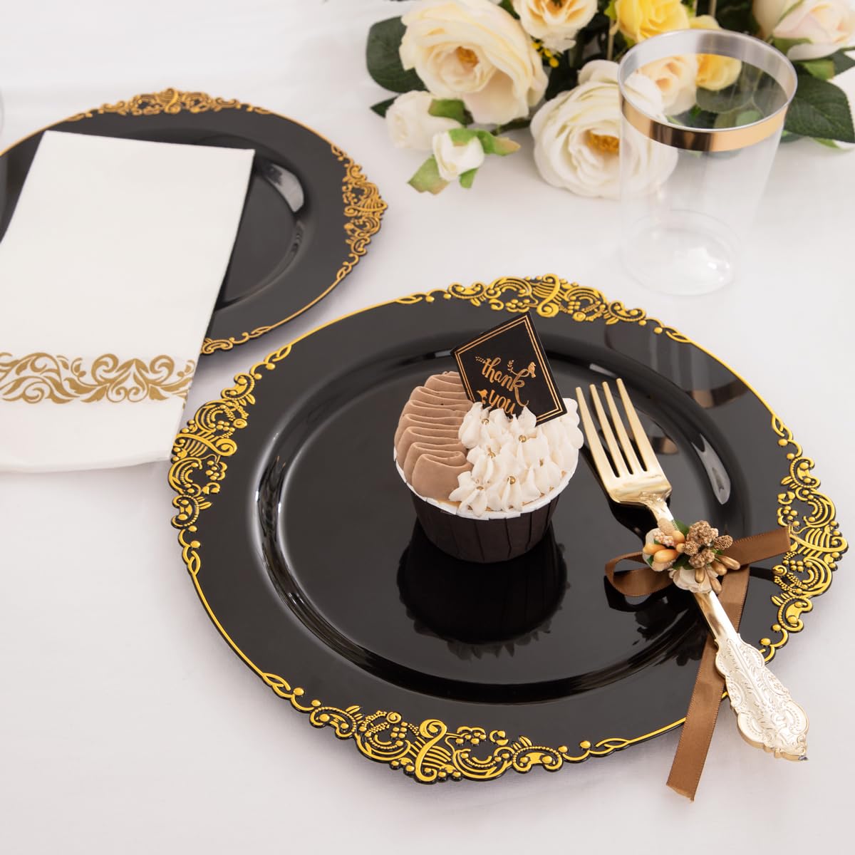 Hioasis 350-Piece Black and Gold Plastic Dinnerware Set - 50 10.25
