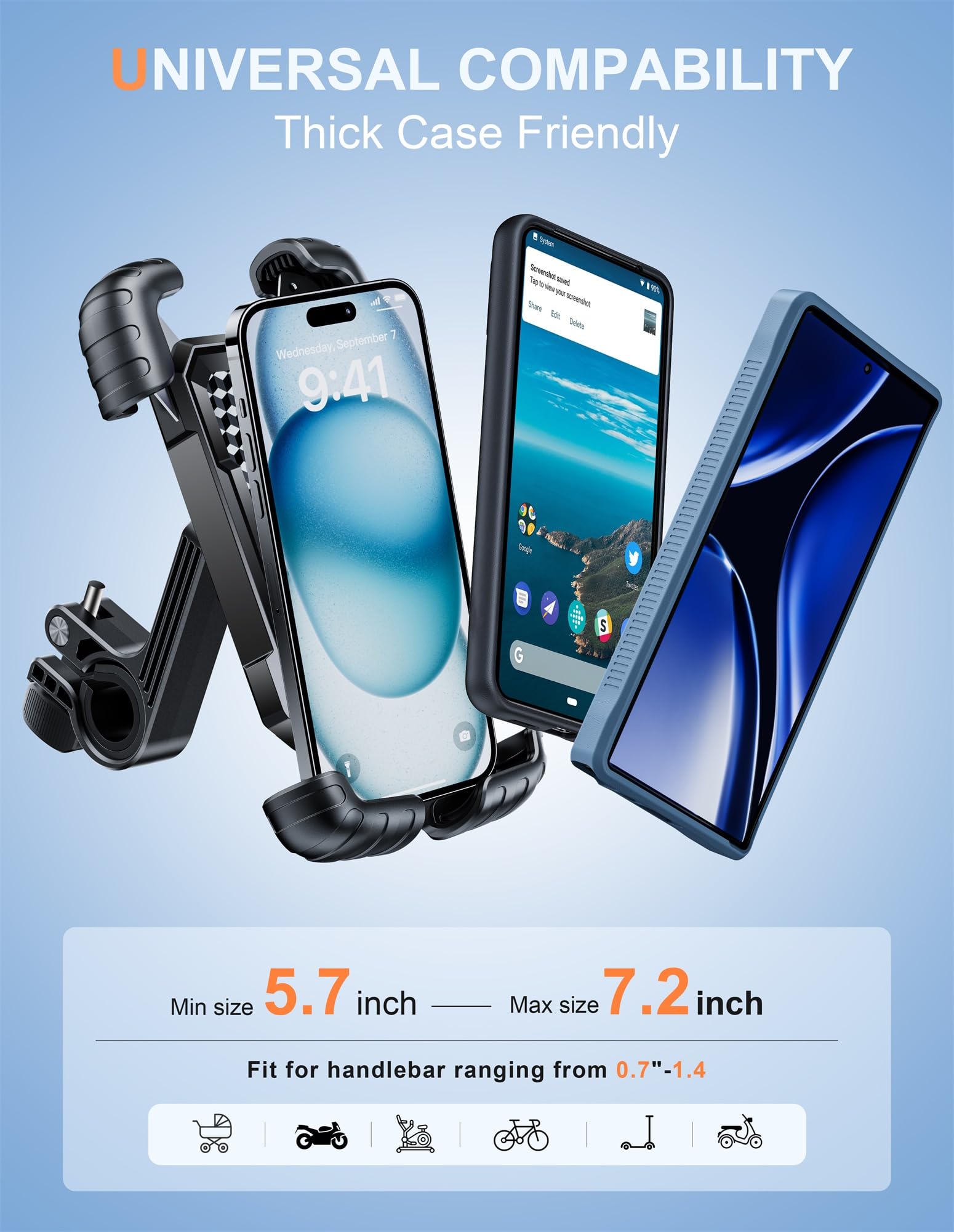 URBANITE Universal Bike Phone Holder - Heavy Duty Metal Arm Motorcycle & Bicycle Handlebar Mount for iPhone 15 Pro Max/14/13, Samsung Galaxy - Fits 5.7-7.8
