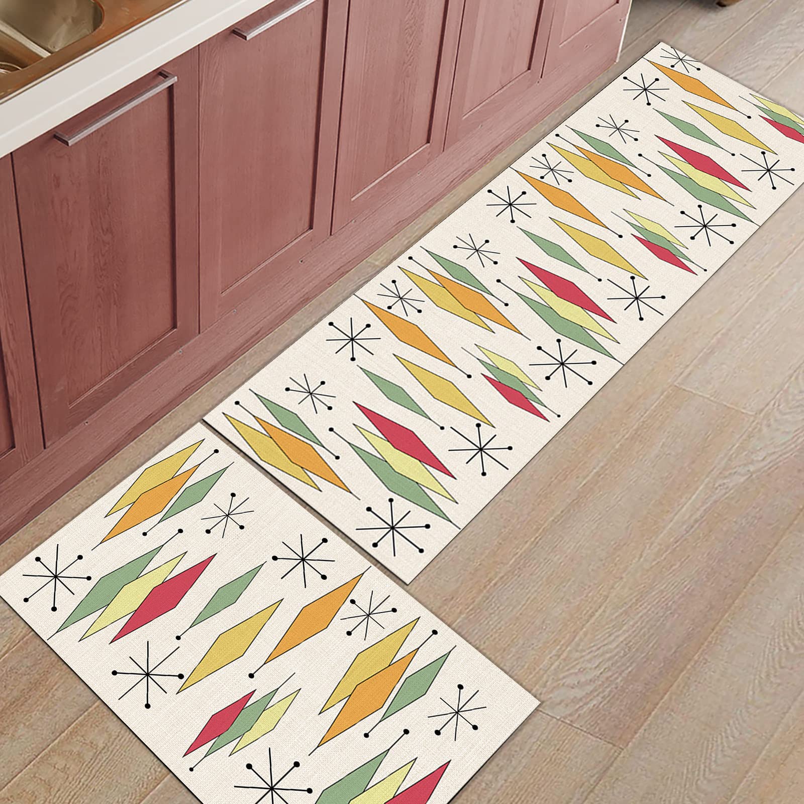 Vintage Non-Slip Kitchen Rug Set - 2 Piece Anti-Fatigue Floor Mat with Rubber Backing, Turmeric & Fruit Green Diamond Pattern (18