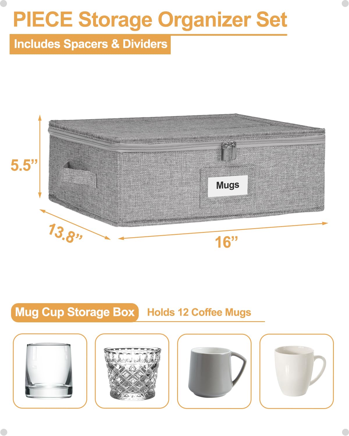 Punemi Stackable Mug Storage Box with Dividers & Rigid Support - Coffee Cup & Tea Cup Organizer with Lid - Durable Drinking Glass Storage Container for Kitchen, Office, or Moving Supplies