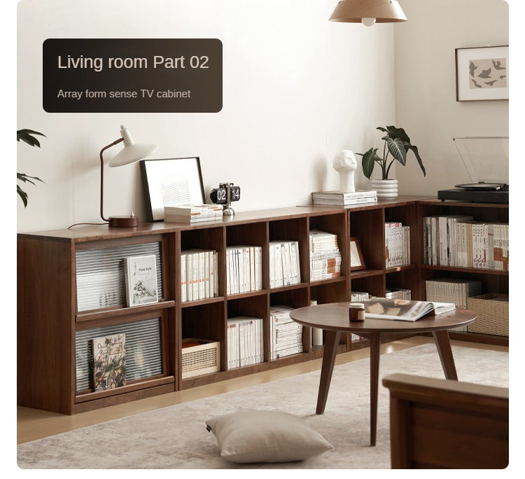 Solid Black Walnut Wood Bookshelf - Low Profile Wall Mounted or Floor Standing Cabinet for Living Room, Bedroom & Home Office Storage