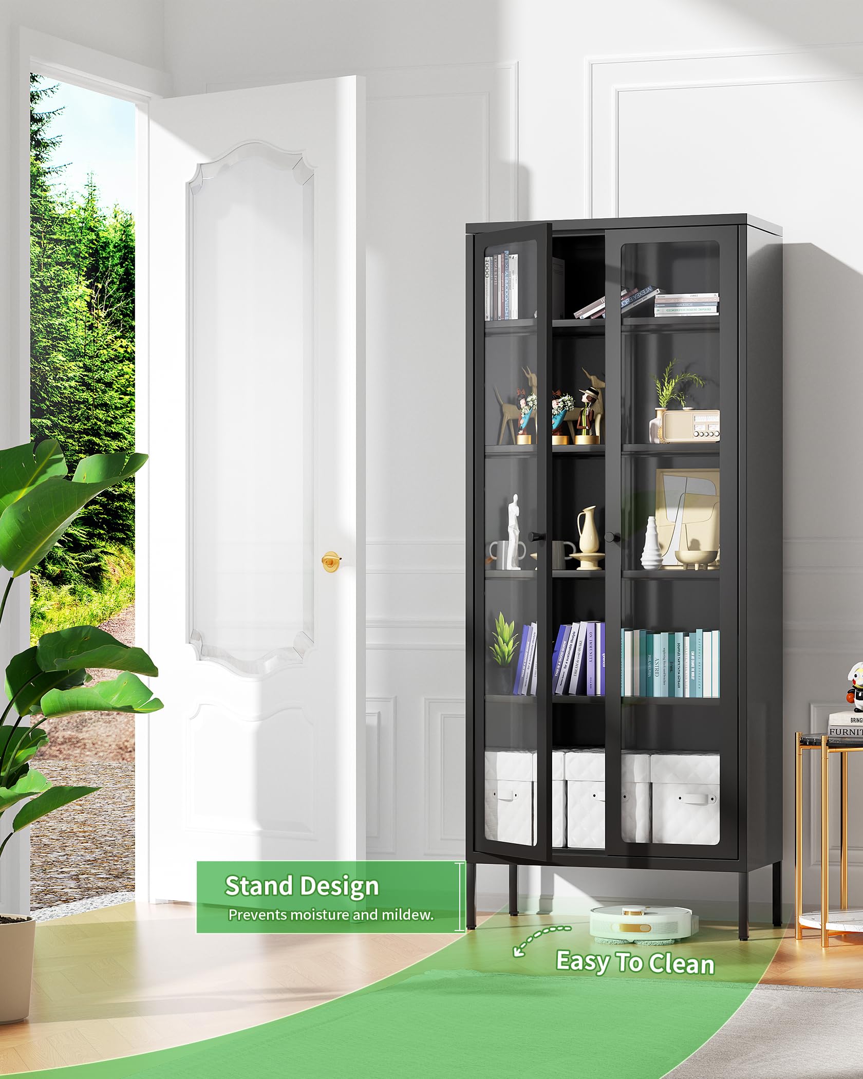 Greenvelly Black Metal Storage Cabinet with Glass Doors - 4-Shelf Modern Bookcase for Home Office, Living Room & Pantry - Display & Organize Collectibles, Books & Decor