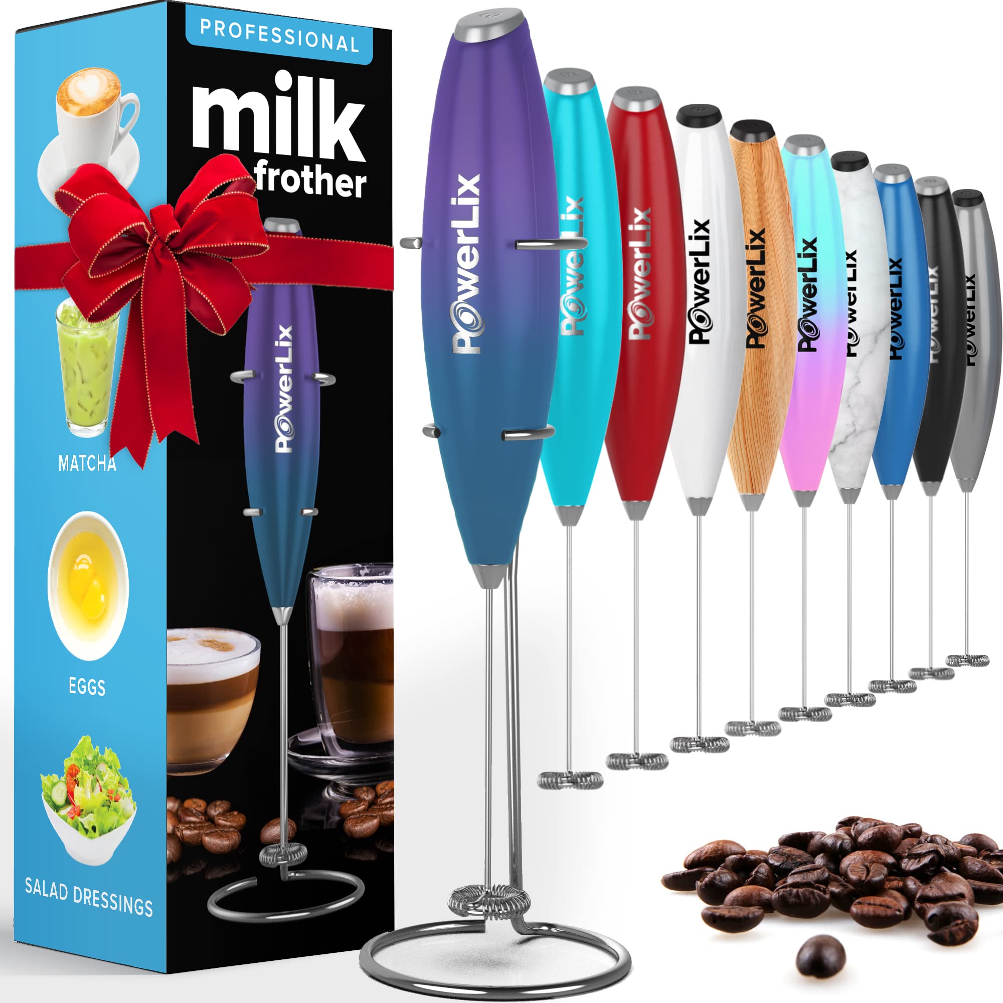 PowerLix Powerful Handheld Milk Frother - Battery Operated Foam Maker for Coffee, Hot Chocolate & Lattes - Includes Stand (Black/Purple/Turquoise) - Perfect for Home, Office & Cafe Use