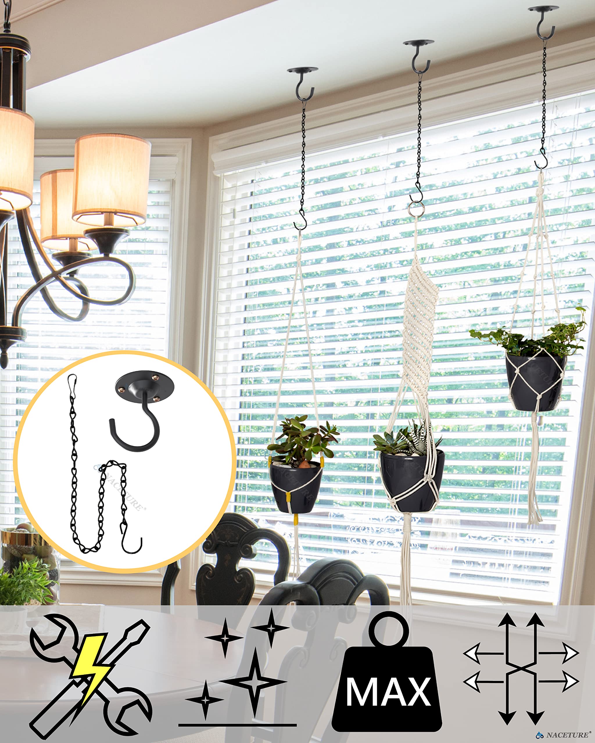 NACETURE 3-Pack Black Metal Ceiling Hooks for Hanging Plants, Lanterns & Wind Chimes - Heavy Duty Iron Plant Hanger Brackets with Chains - Perfect for Indoor & Outdoor Decoration