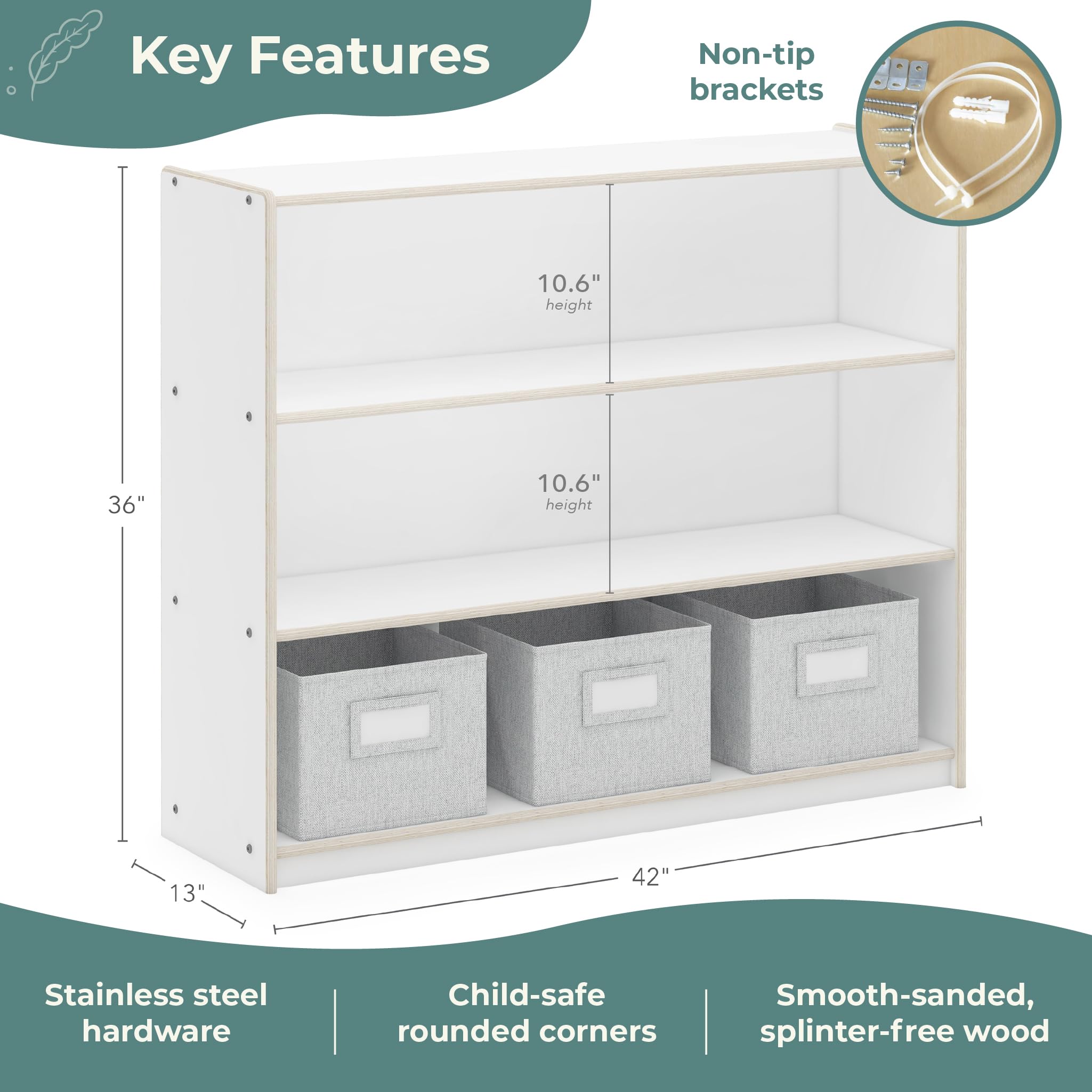 Guidecraft EdQ 3-Shelf Open Storage Unit with Fabric Bins - White Wooden Bookshelf & Toy Organizer for Kids, Teachers | Classroom & Homeschool Furniture for Books, Toys, School Supplies | Perfect for Playrooms, Daycares & Learning Centers