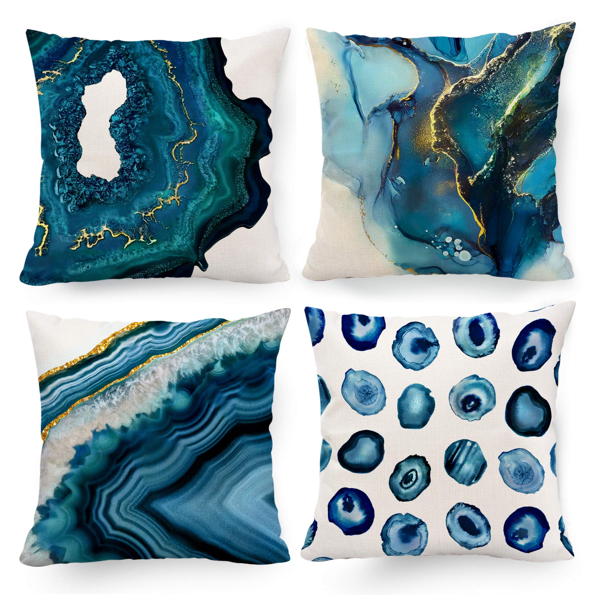 Hexagon Navy Blue Decorative Pillow Covers 20x20 Inches - Set of 4 Turquoise Teal Blue Gold Marble Textured Throw Pillow Covers for Couch, Sofa, Living Room, Bedroom & Outdoor Patio - Summer Home Decor Accent Pillows for Modern Farmhouse, Boho Chic & Coastal Style Decor