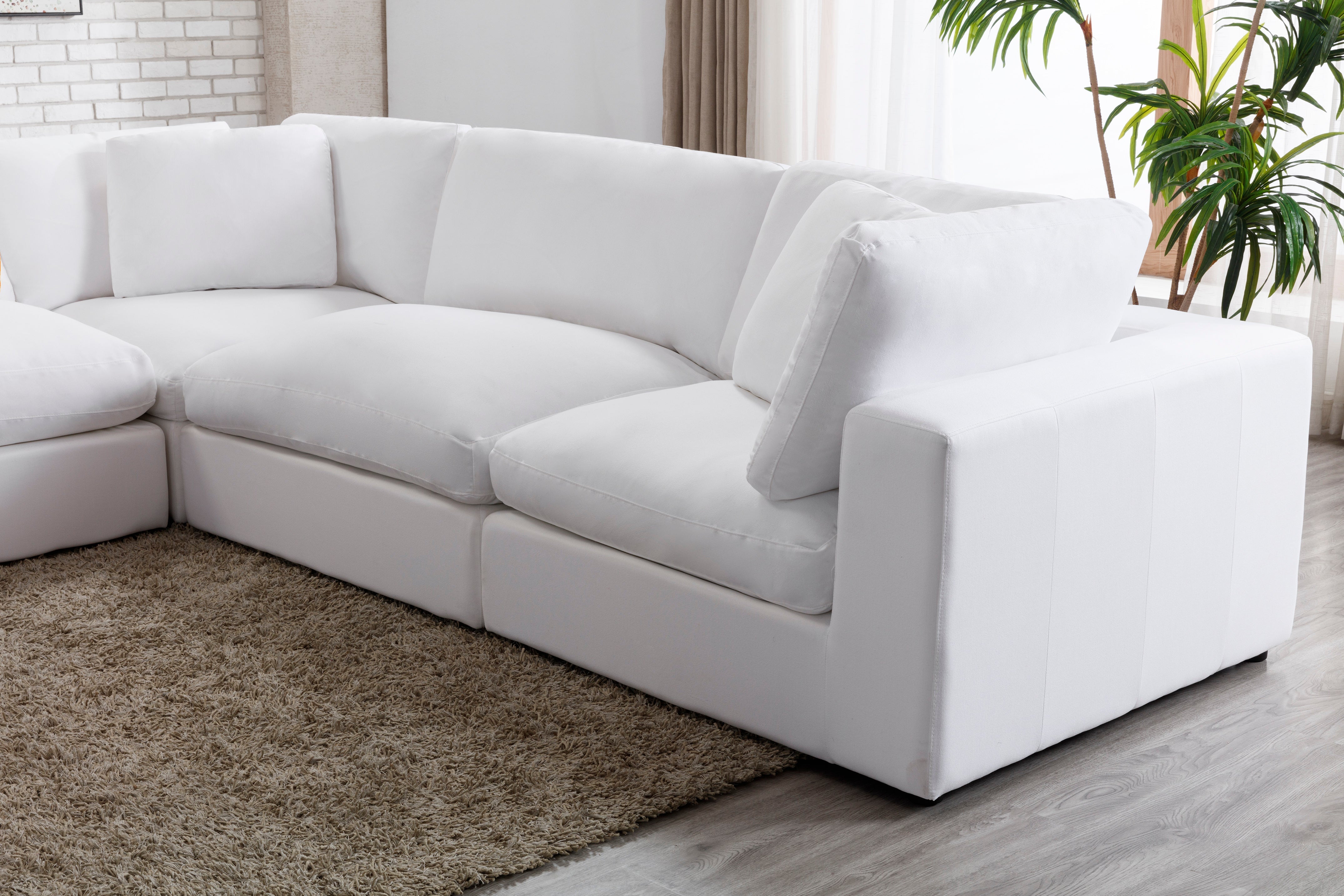 Rivas Contemporary Feather Fill 8-Piece Modular Sectional Sofa with 2 Ottomans in White | Modern L-Shaped Living Room Furniture for Home Theater & Family Gatherings