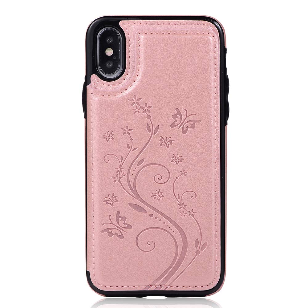 Premium Leather Wallet Phone Case for iPhone X/Xs/10 with Tempered Glass Screen Protector - Card Holder & Stand Function (Rose Gold) - Perfect for Women's Daily Use, Travel & Business Meetings