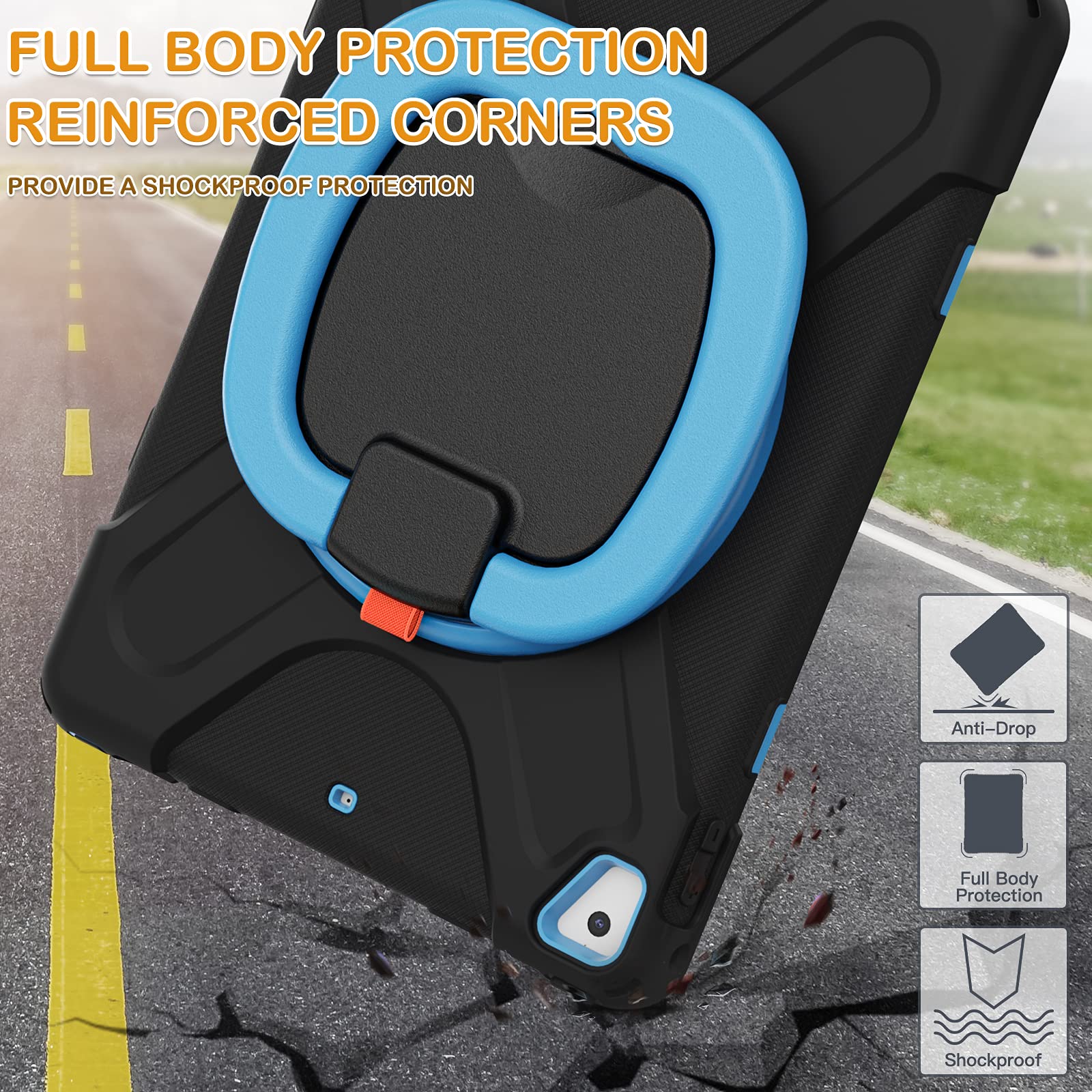 BRAECN Rugged 360° Rotating Handle iPad Case for iPad 6th/5th Gen, iPad Air 2, iPad Pro 9.7 - Shockproof Silicone Cover with Pencil Holder, Kickstand & Shoulder Strap (Black+Blue) - Perfect for School, Travel & Outdoor Use