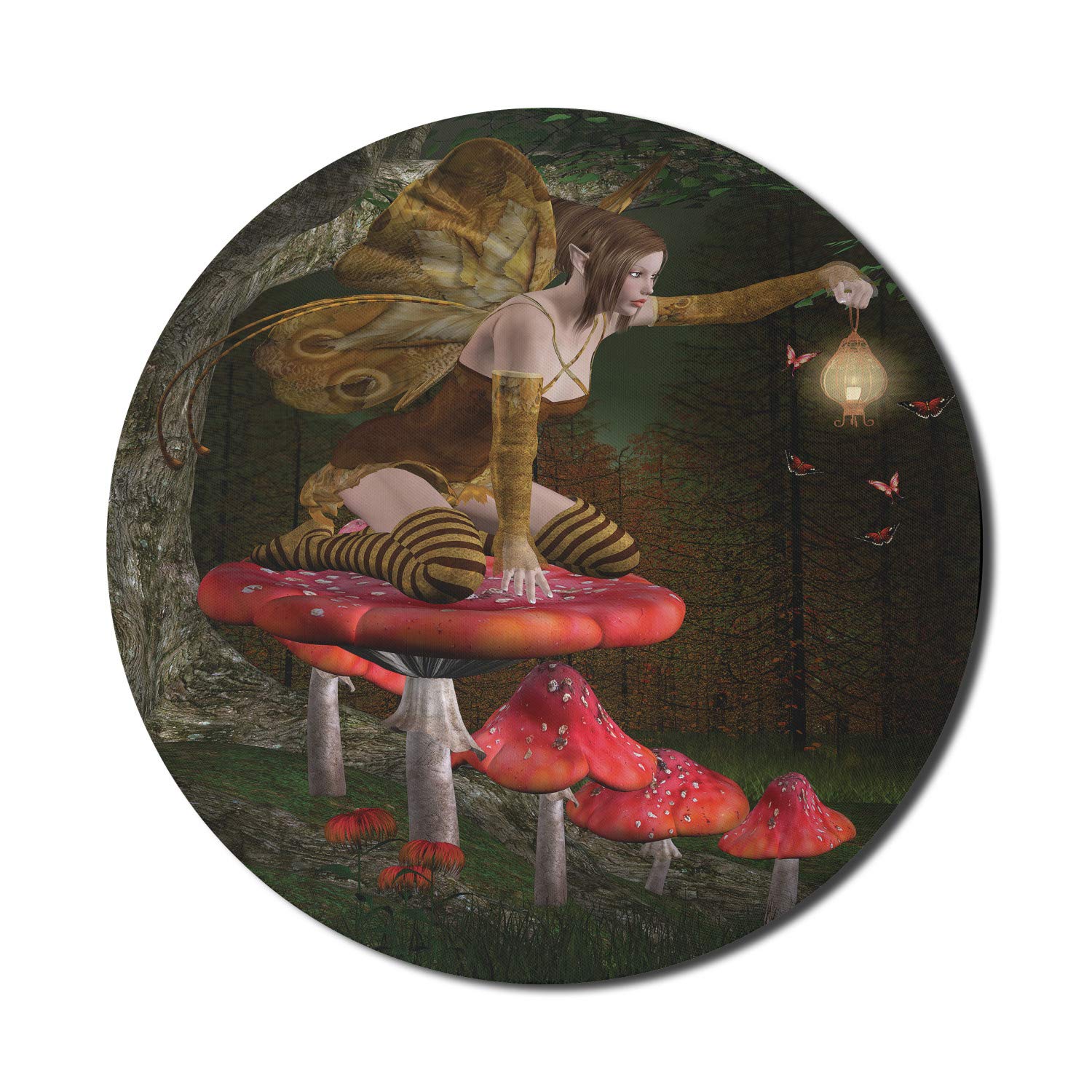 Ambesonne Fantasy Gaming Mouse Pad - Mythical Creature on Mushroom by Oak Tree, Summer Forest Print, Non-Slip Thick Rubber Base, 8
