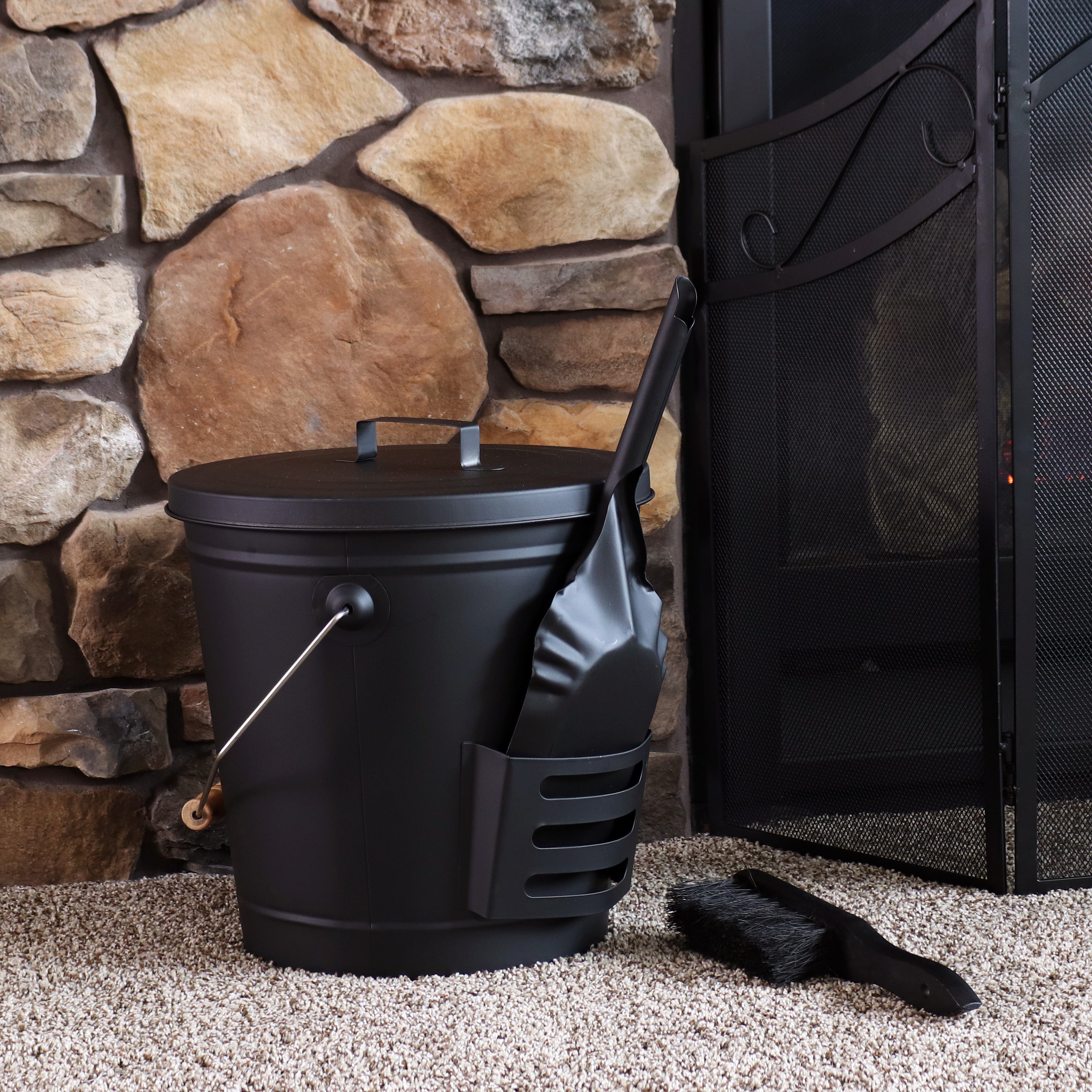 Sunnydaze 5 Gallon Fireplace Ash Bucket with Lid, Shovel & Brush - Heavy Duty Metal Ash Can for Fire Pit, Wood Stove & BBQ Cleanup - Outdoor & Indoor Use