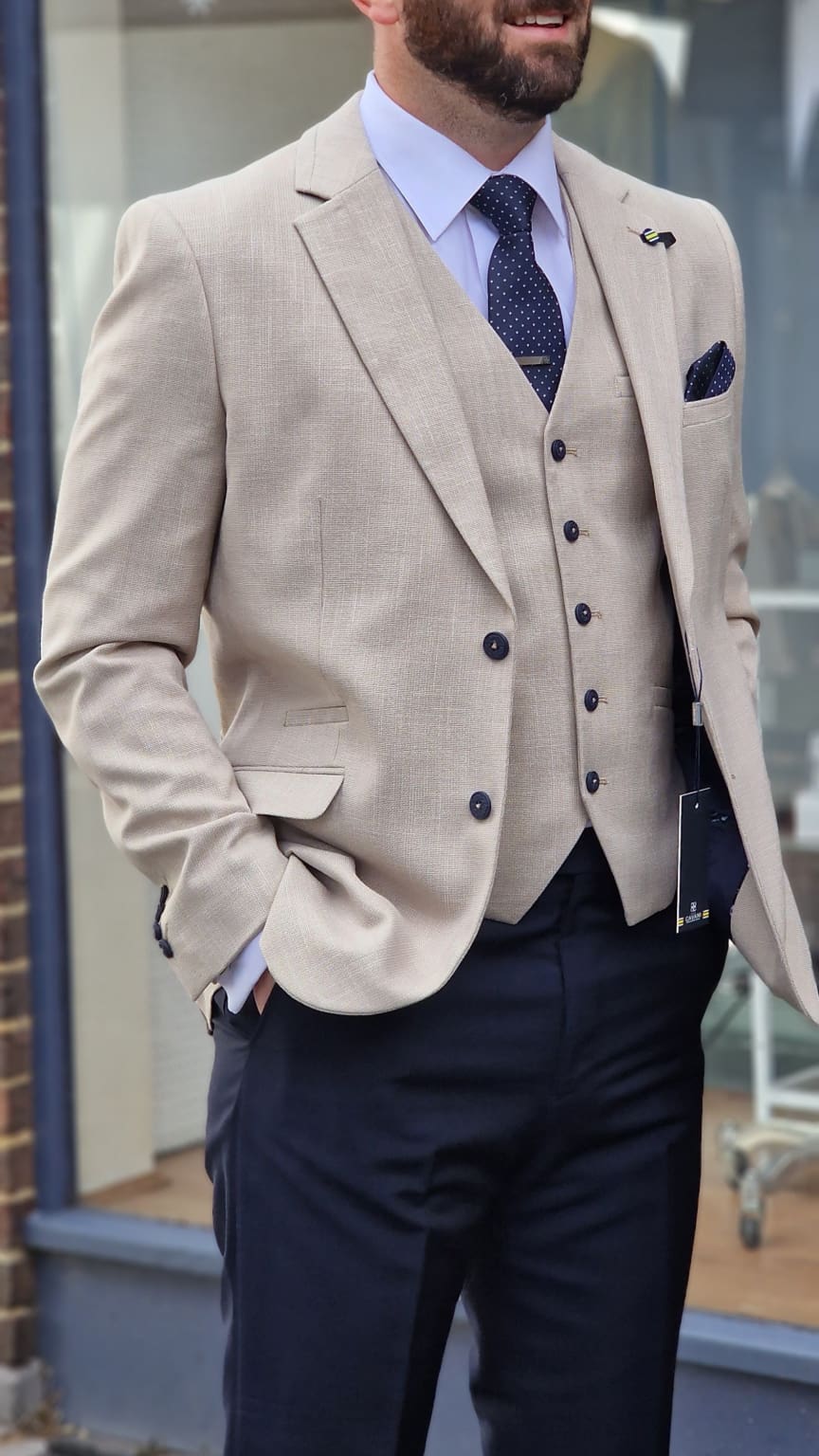 Cavani Miami Beige 3-Piece Suit with Navy Trousers for Men | Formal Business Attire | Perfect for Weddings, Office Meetings & Special Events