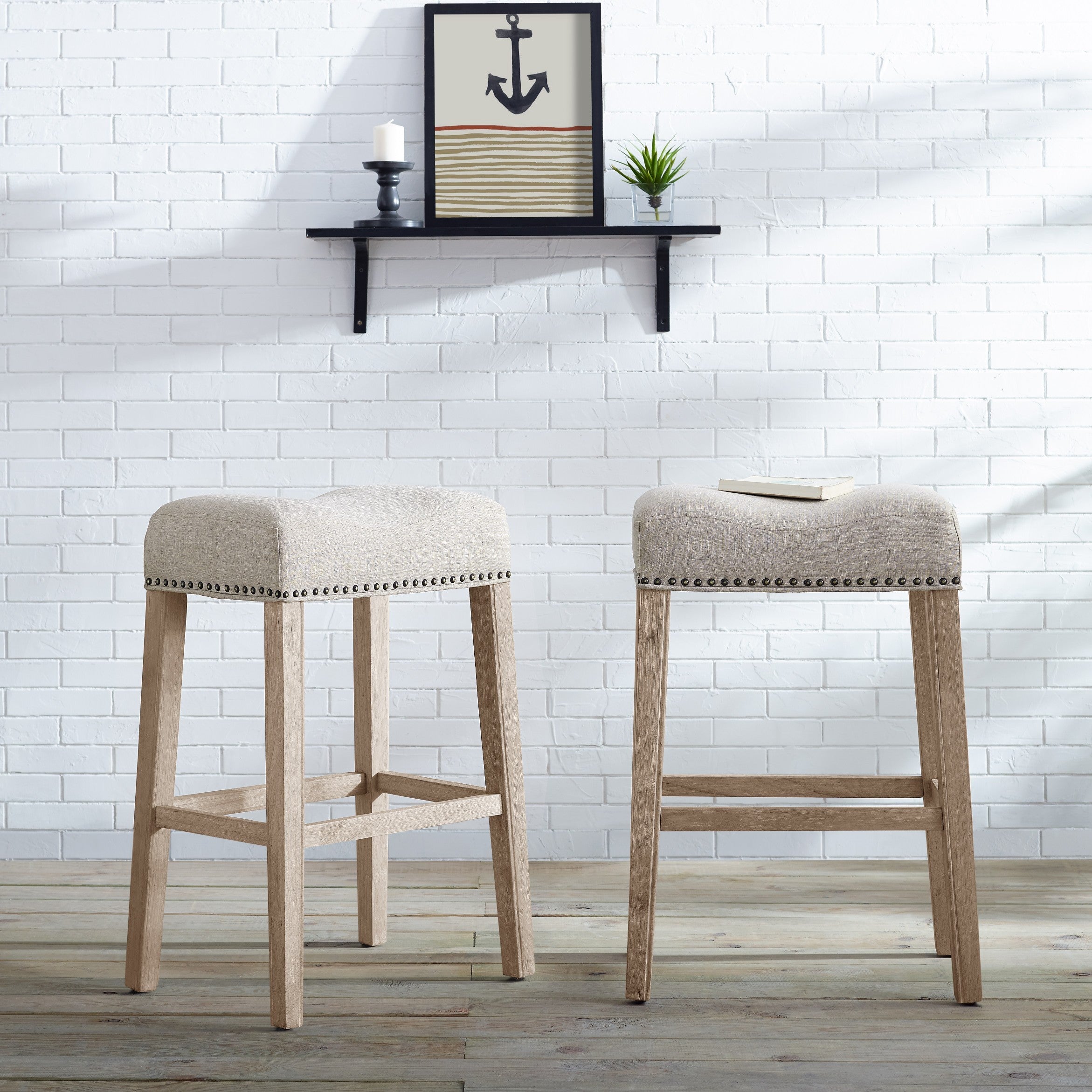 CoCo Upholstered Backless Saddle Seat Bar Stools Set of 2 - 29 Inch Height, Tan Fabric Counter Stools for Kitchen Island, Breakfast Bar & Home Decor