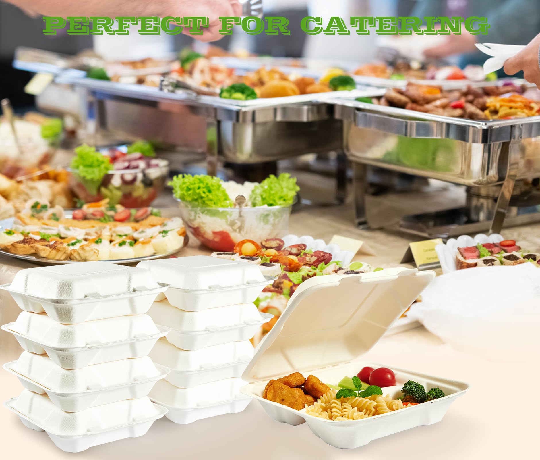 Vplus 300 Pack 100% Compostable 8x8 Inch 3-Compartment Clamshell Takeout Food Containers | Eco-Friendly Disposable Bagasse To-Go Boxes for Restaurant, Catering, Meal Prep & Leftovers | Perfect for Next Day Lunch, Potluck Parties & Picnics
