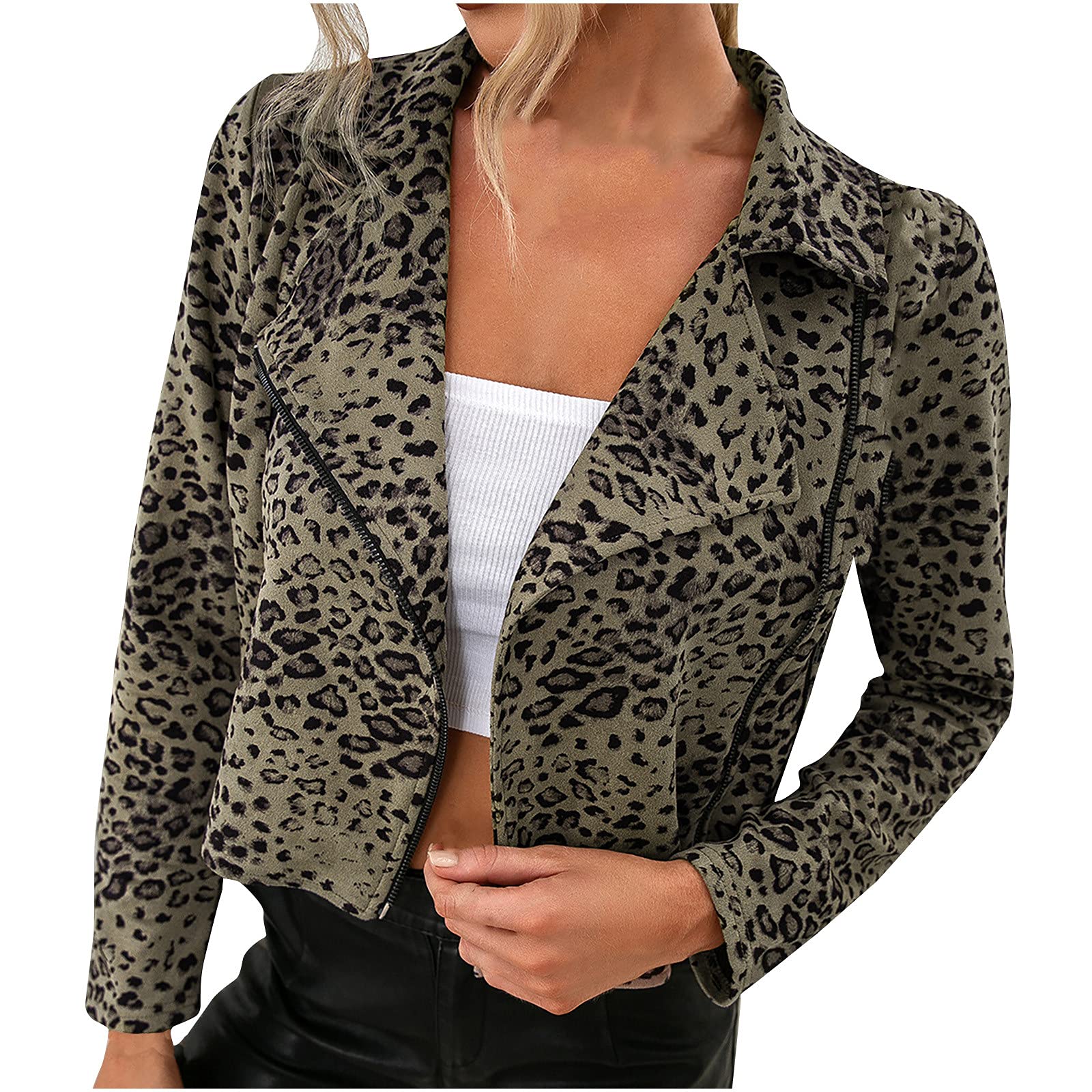 Women's Leopard Print Shacket Jacket - Sexy Lapel Zipper Long Sleeve Cropped Coat | Perfect for Casual Outings, Date Nights & Fall Layering