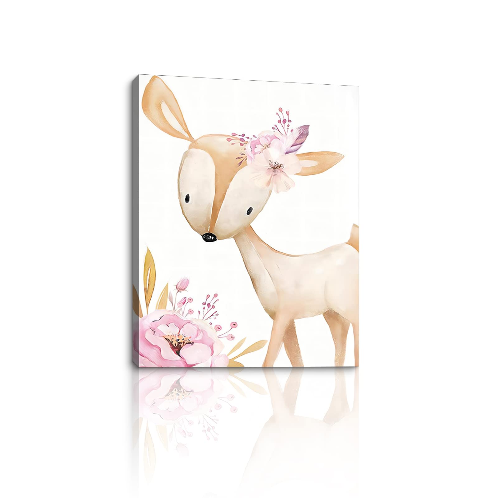 BODRECT Deer Canvas Wall Art for Baby Girl Nursery - Pink Floral Framed Artwork Ready to Hang | Kids Room Decor, Teen Girl Bedroom Accessories | Perfect for Nursery Wall Decor, Children's Room Decoration & Birthday Gifts