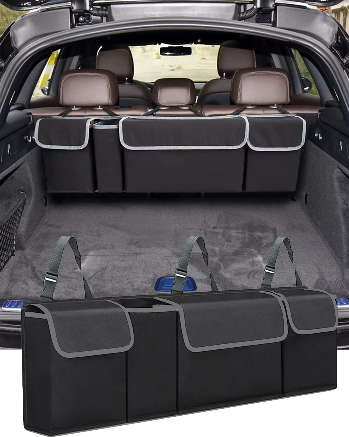EAGTEAM Car Trunk Organizer with 4 Pockets - Waterproof Collapsible Backseat Storage Bag for SUV, Truck & MPV - Ideal for Road Trips, Grocery Shopping & Family Travel Accessories