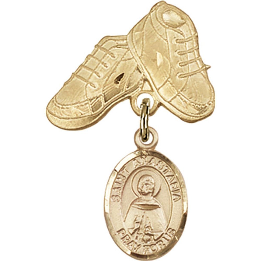 Bonyak Jewelry Gold Filled Saint Medal Charm - St. Anastasia Baby Badge with Bootie Pin (1 X 5/8 inches) - Perfect for Christening Gifts, Baby Showers & Catholic Baptism Jewelry