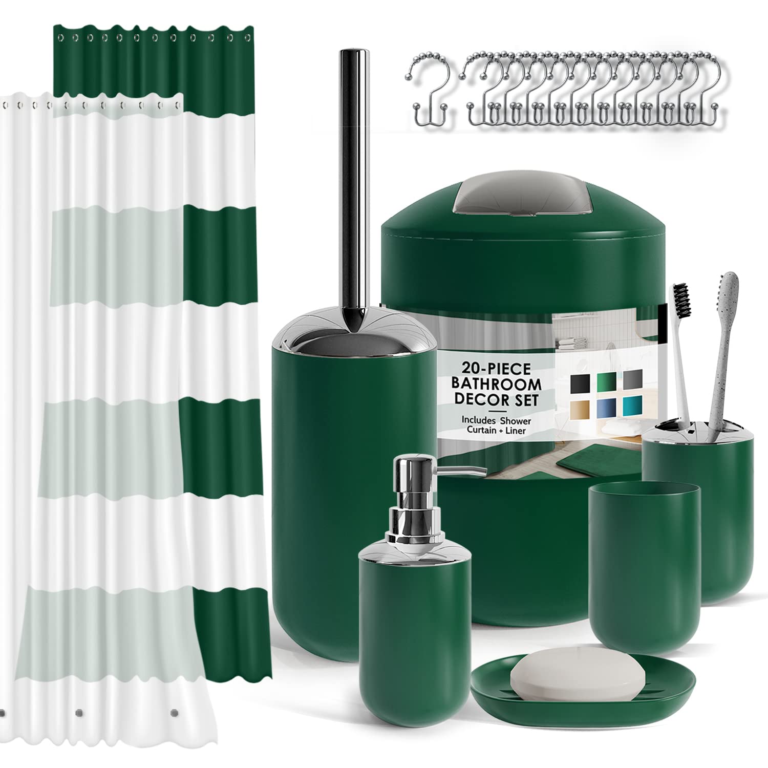 Clara Clark 20PC Green Bathroom Set - Shower Curtain, Toilet Brush & Accessories for Modern Bathrooms
