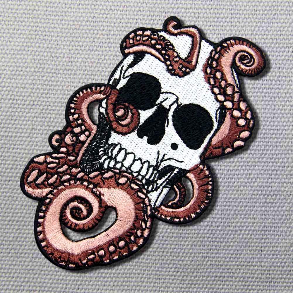 Octopus and Skull Embroidered Patch - Iron On or Sew On Applique Badge for Jackets, Hats, Bags - Gothic Punk DIY Clothing Accessories