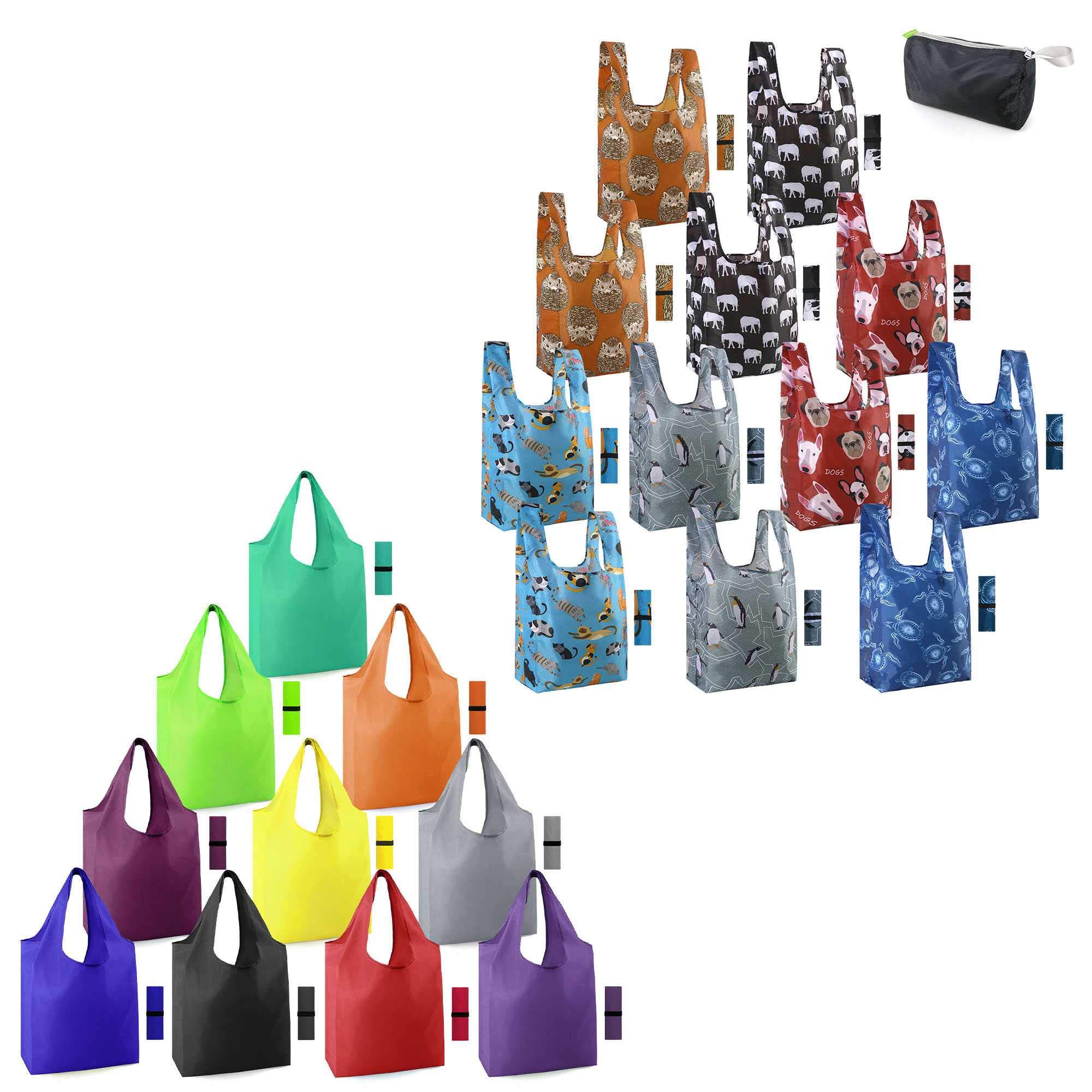 22 Pack Reusable Grocery Bags with Zipper - Large 50LBS Capacity, Machine Washable, Lightweight & Durable Polyester Shopping Totes (Animal Prints: Dogs, Elephants, Hedgehogs, Cats, Turtles) - Perfect for Groceries, Beach Trips, Picnics & Farmers Market