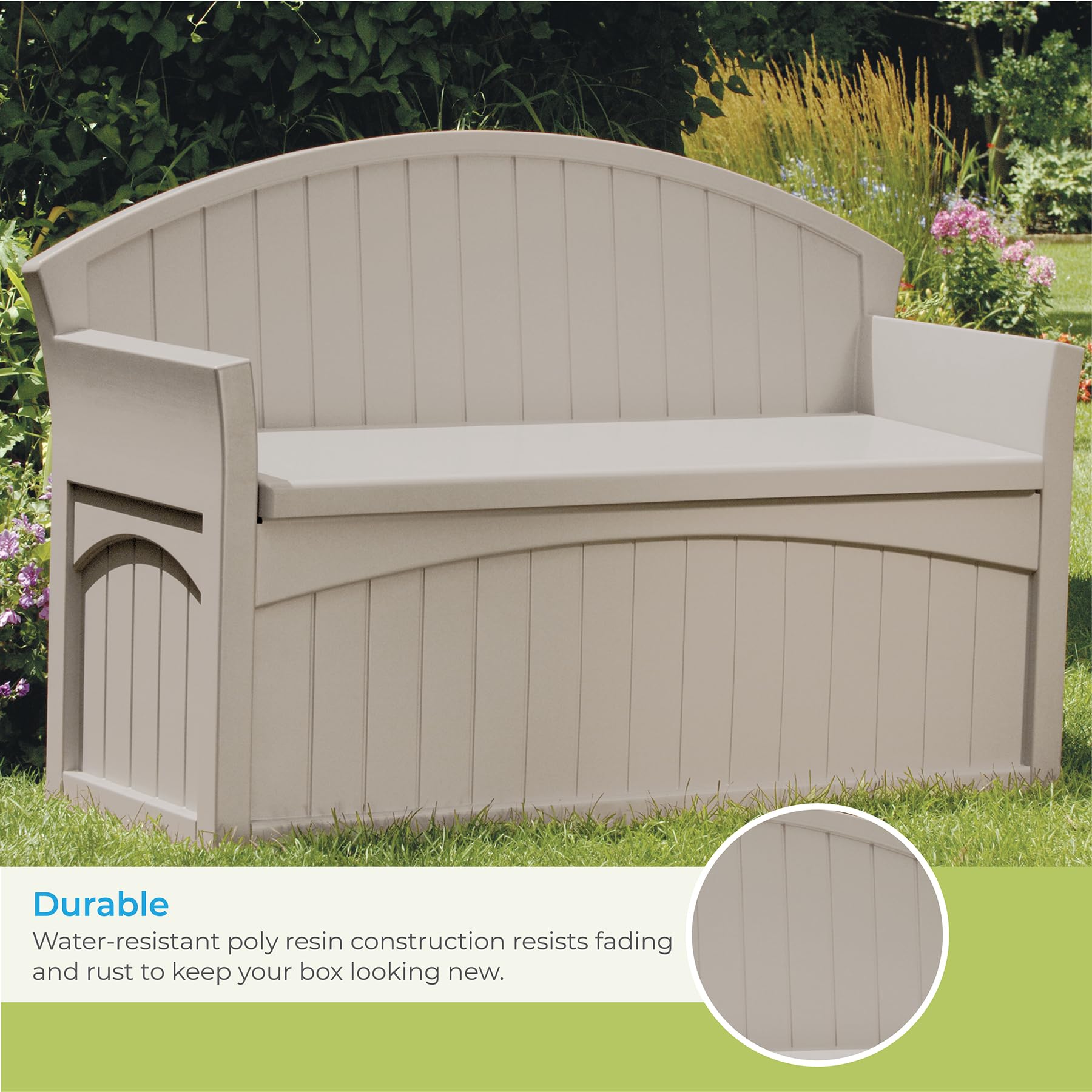 Suncast 50 Gallon Patio Storage Bench - Weather-Resistant Resin Outdoor Garden Bench for Deck, Backyard & Patio - Perfect for Storing Cushions, Toys, Tools (Taupe) - Ideal for Outdoor Seating & Organization
